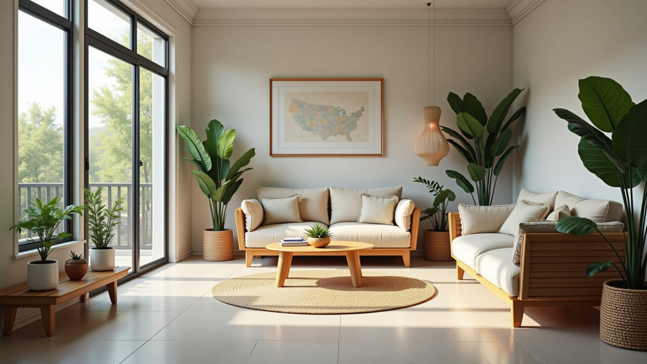 Sala de estar com piso cerâmico pintado em cores claras.