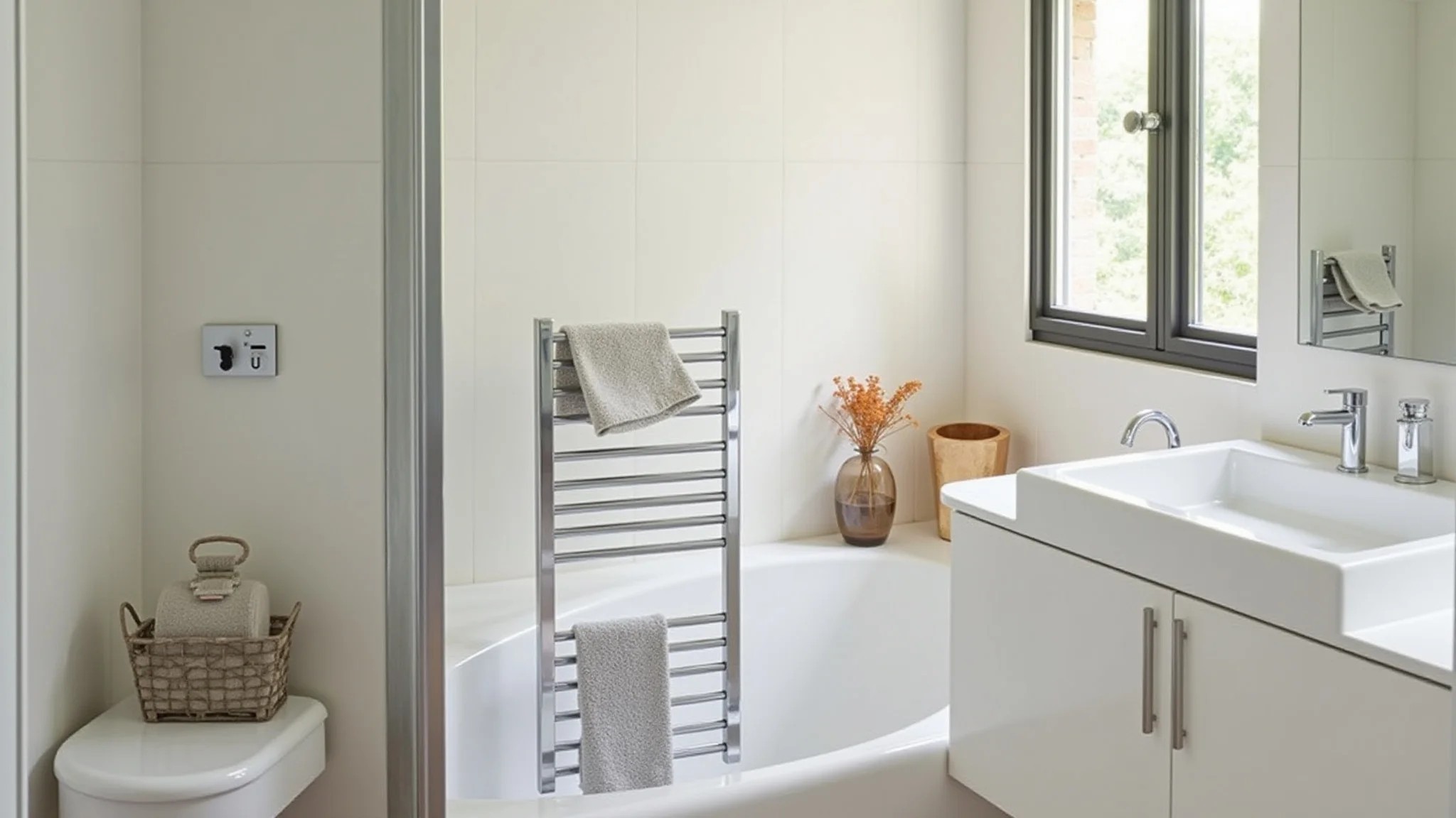 Banheiro pequeno e organizado com acessórios minimalistas e pia de canto, design brasileiro.