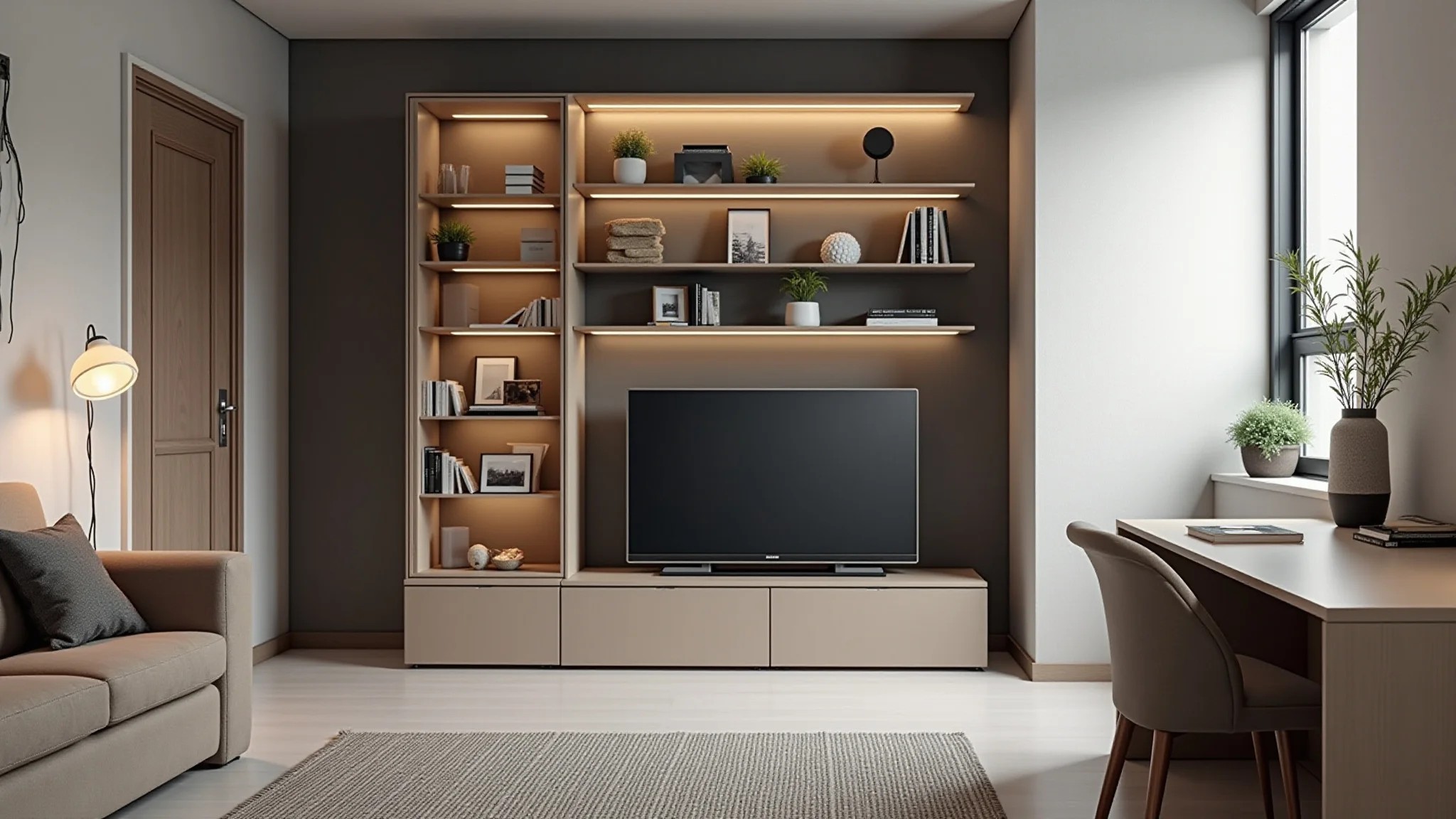 Apartamento pequeno com cristaleira de canto moderna e iluminação integrada.