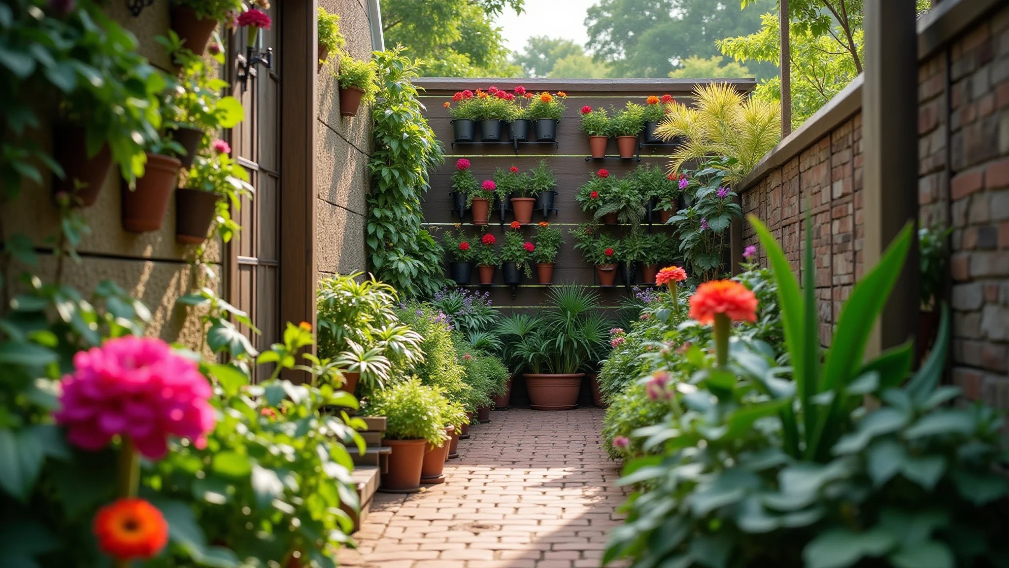 Pequeno jardim brasileiro vibrante com jardinagem vertical e flores coloridas.