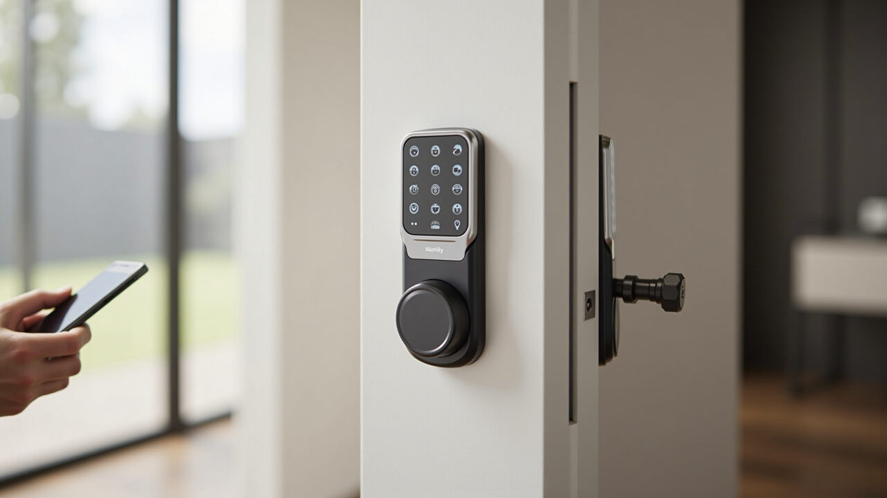 Fechadura digital integrada a sistema de automação residencial controlada por smartphone.