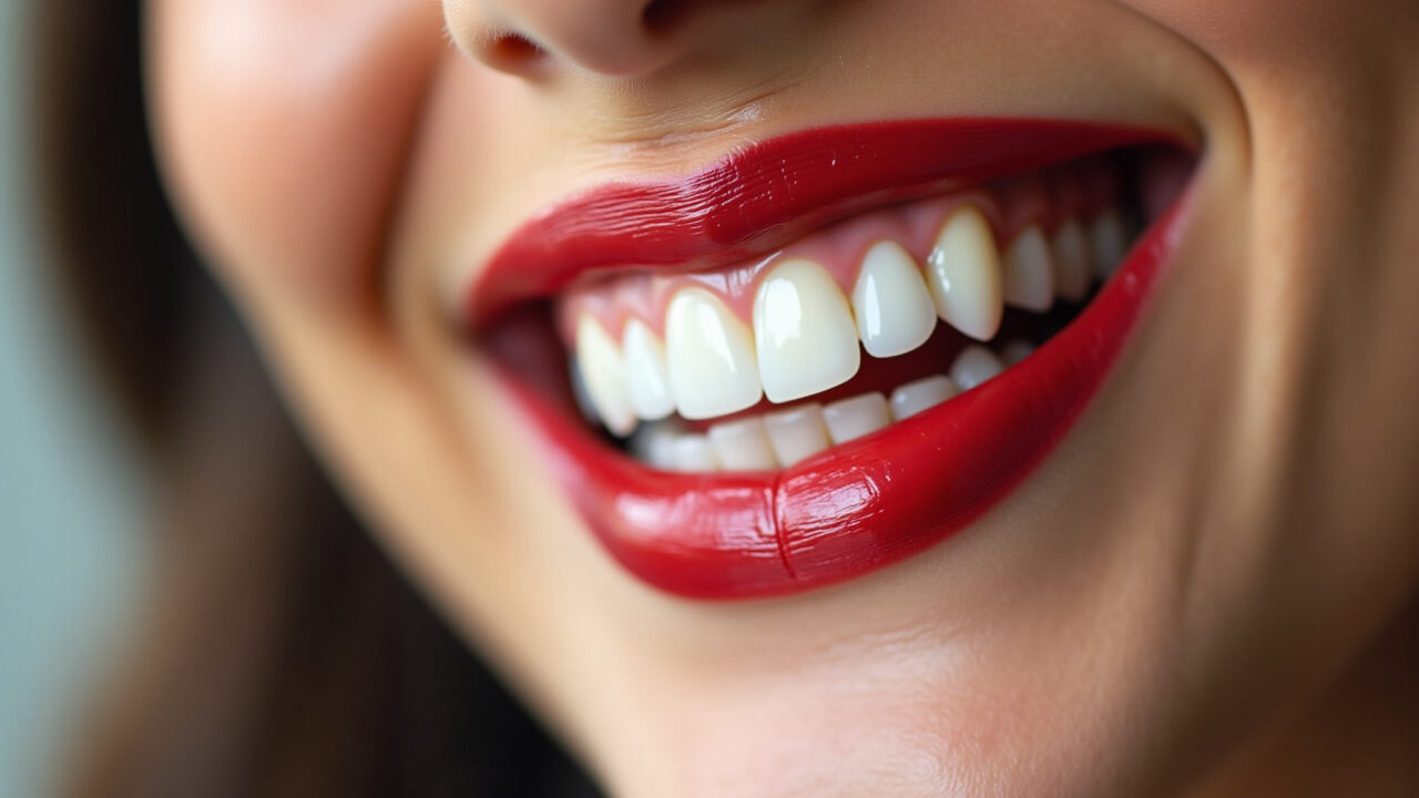 Sorriso radiante com batom vermelho.
