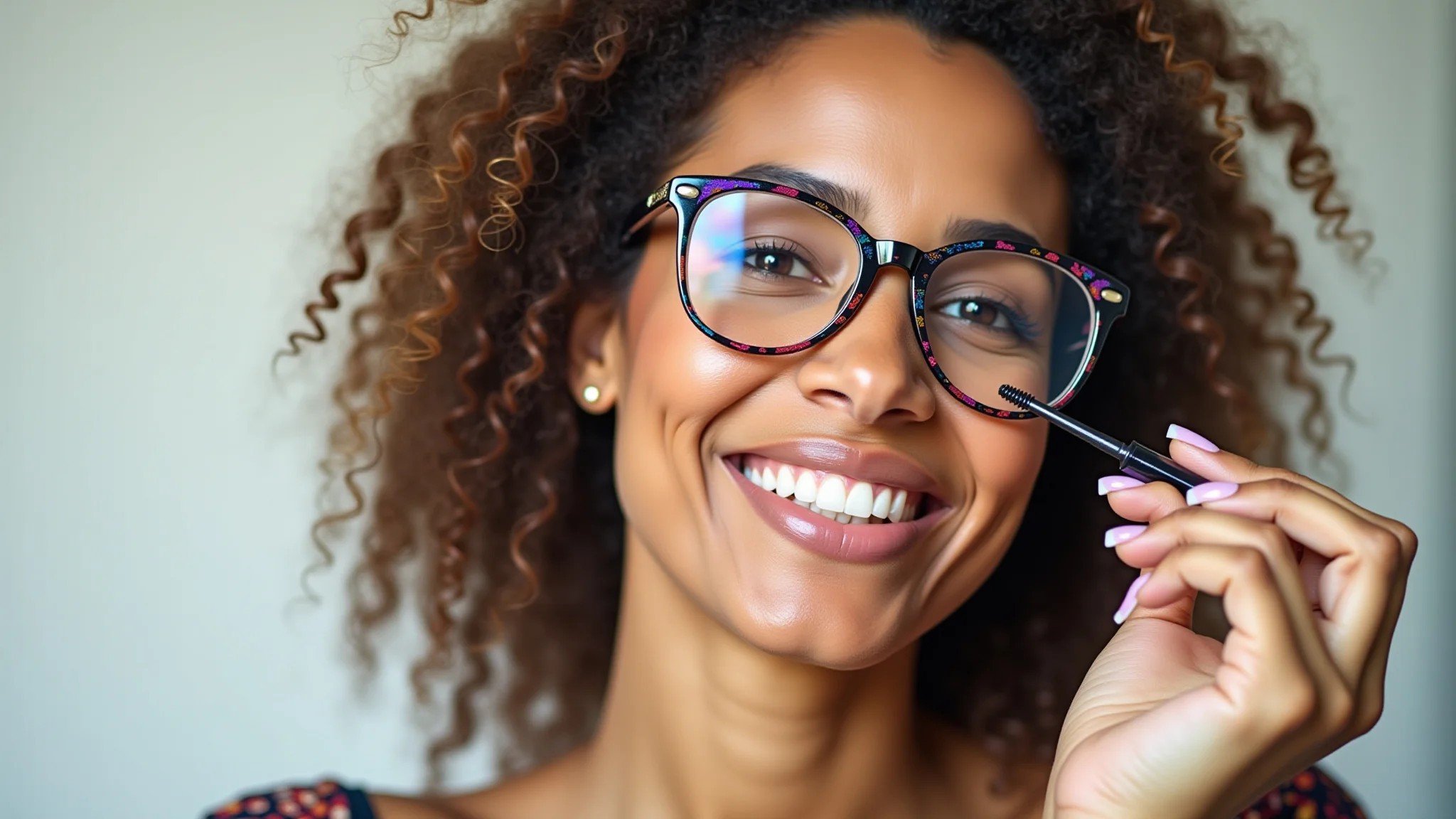 Brasileira madura sorrindo com óculos coloridos aplicando rímel.
