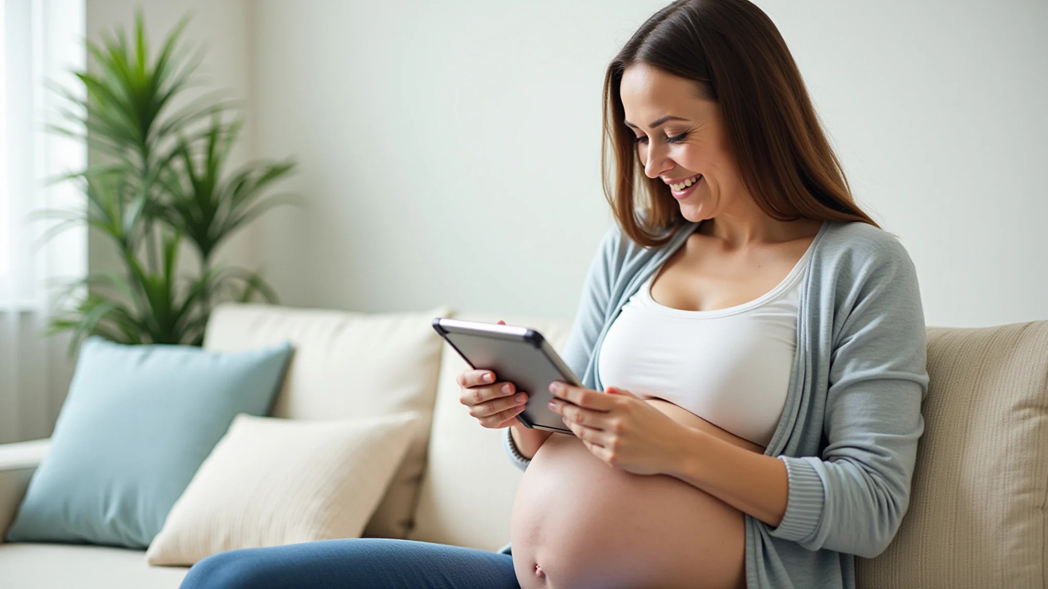 Mulher grávida sorrindo usando tablet com aplicativo de calculadora gestacional.