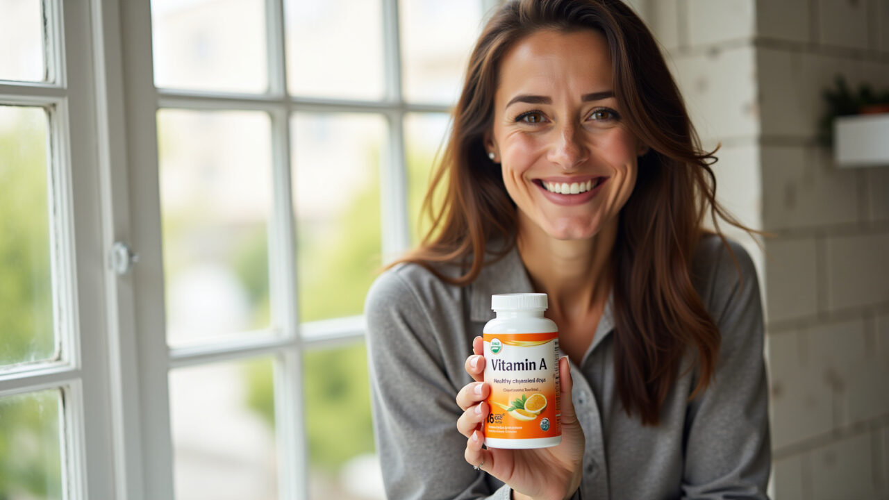 Mulher sorrindo com cabelo saudável segurando vitamina A.