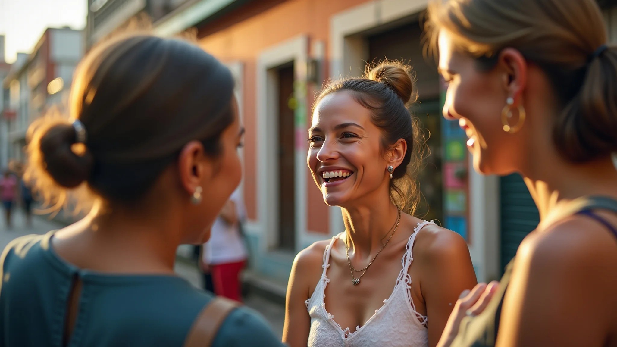 Viajante solo conversando e rindo com artesão local em mercado de rua em Salvador.