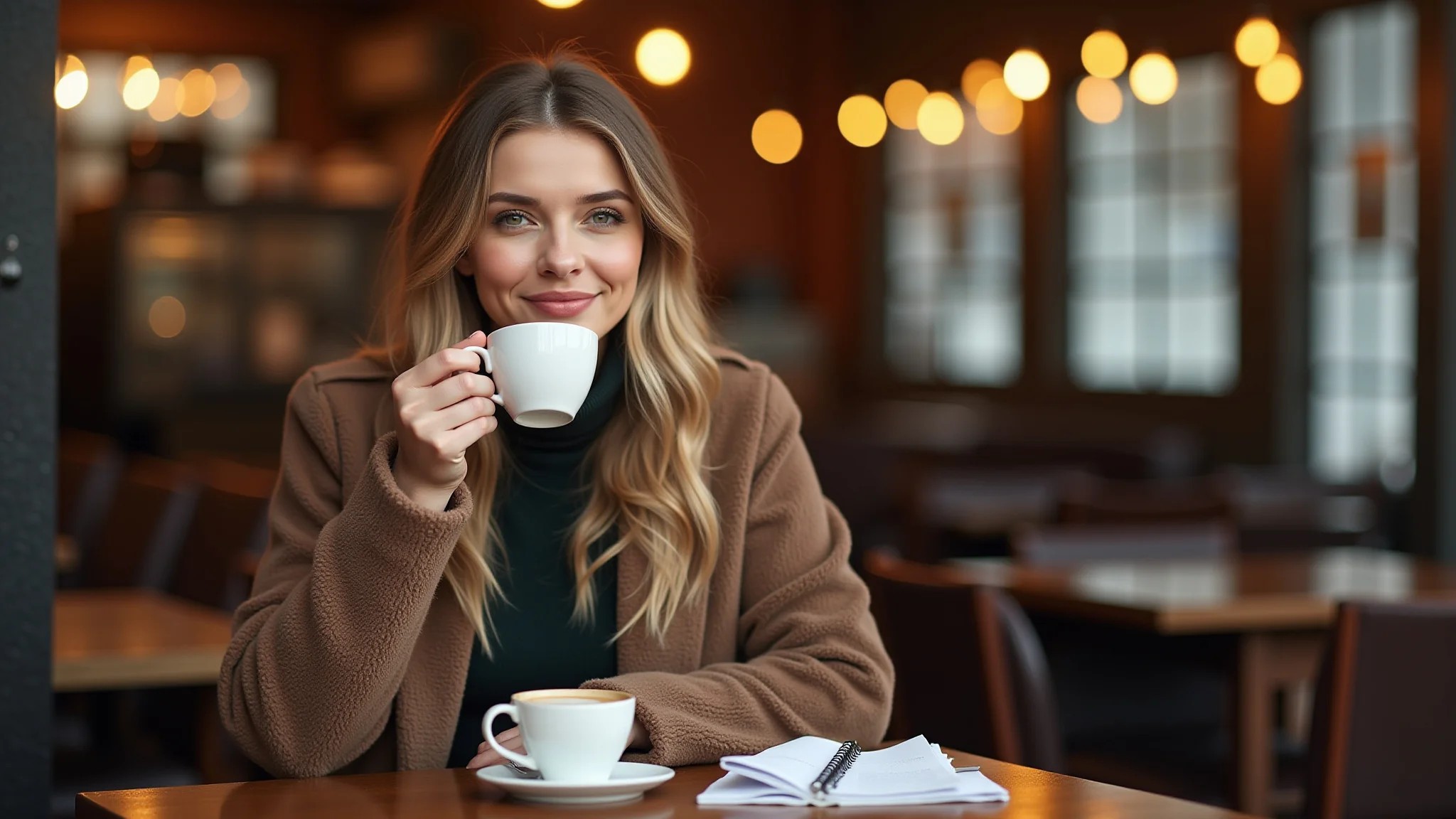 Mulher sofisticada saboreando chocolate quente em café aconchegante em Gramado.