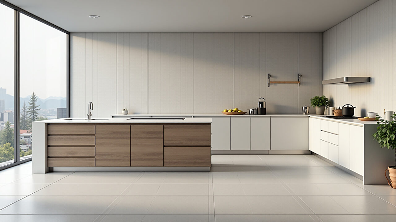 Cozinha espaçosa com porcelanato de grandes formatos e design minimalista.