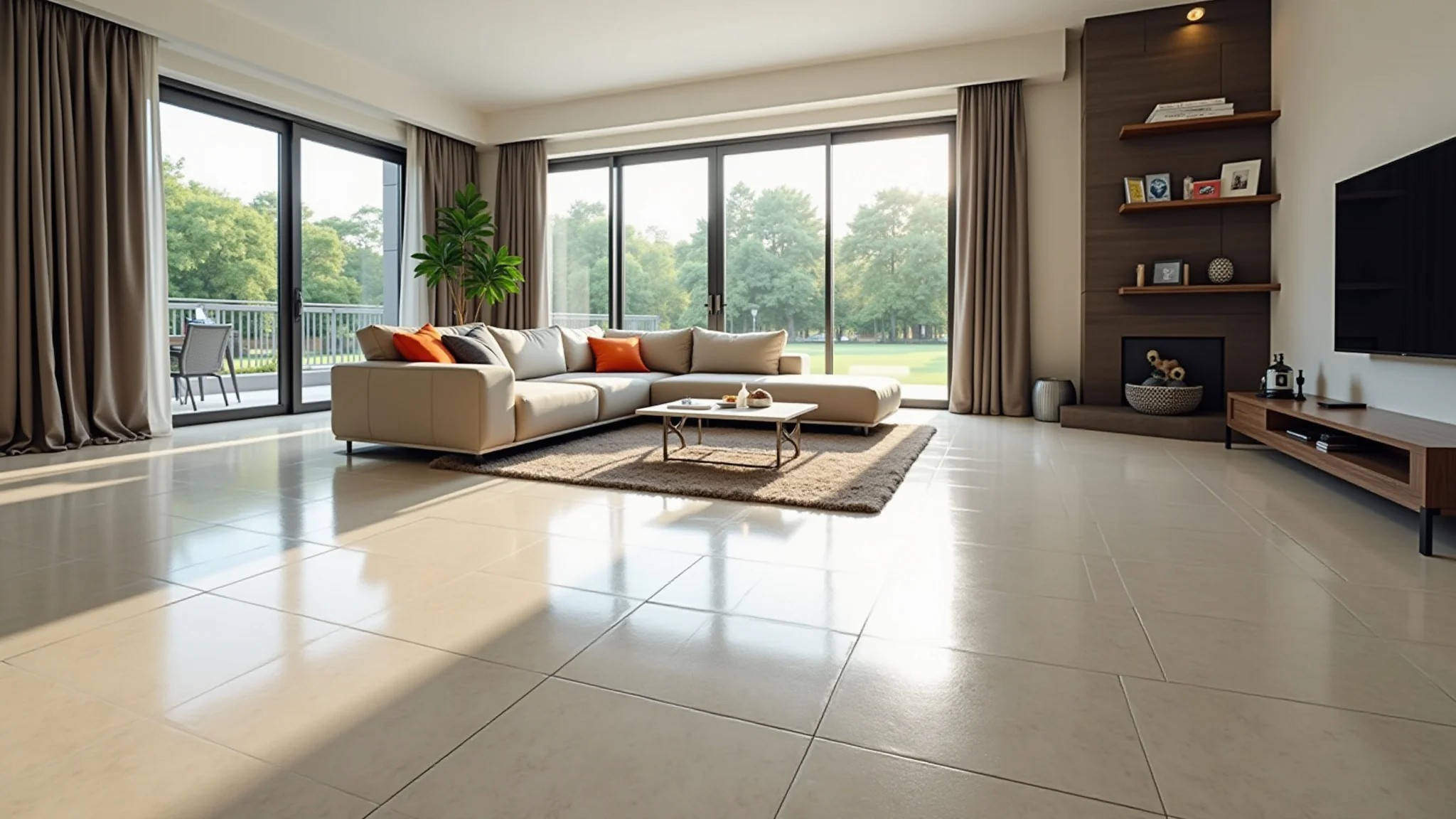 Sala ampla com porcelanato polido de grandes dimensões, refletindo a luz natural.