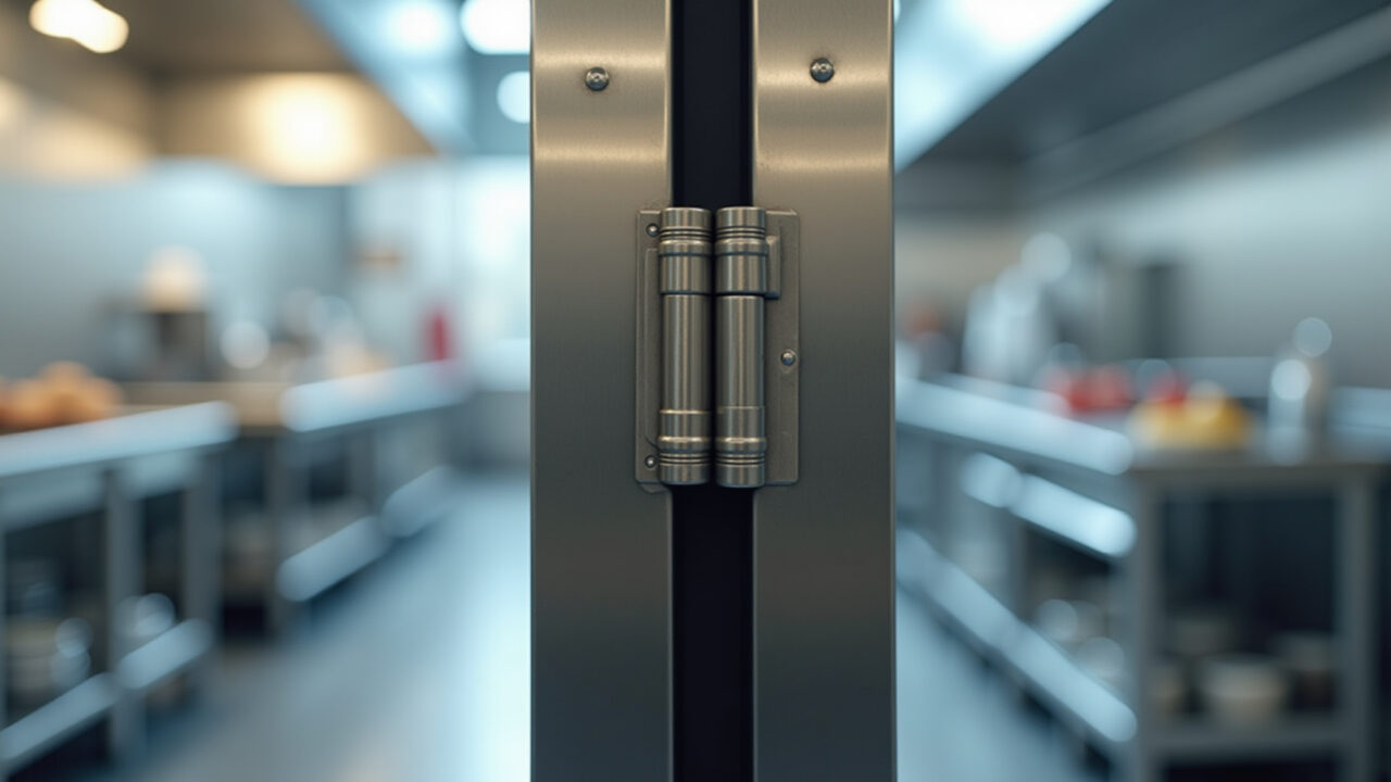 Dobradiça vai e vem de aço inoxidável em cozinha industrial.