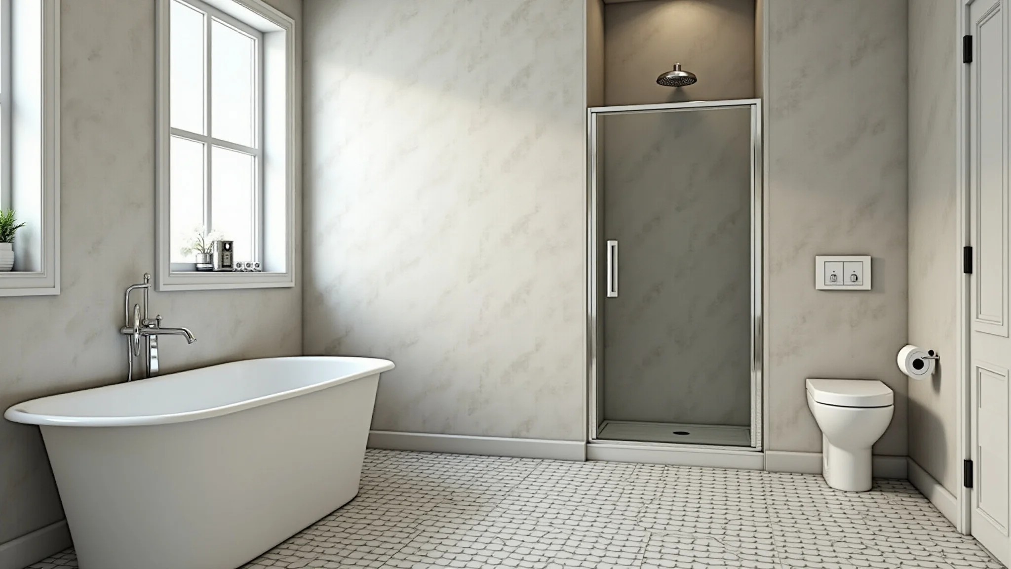 Banheiro elegante em apartamento de praia com piso cerâmico antiderrapante e box amplo.