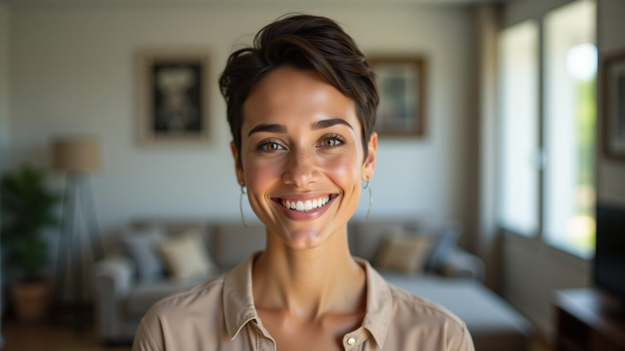 Pixie cut clássico: mulher sorrindo com corte moderno.