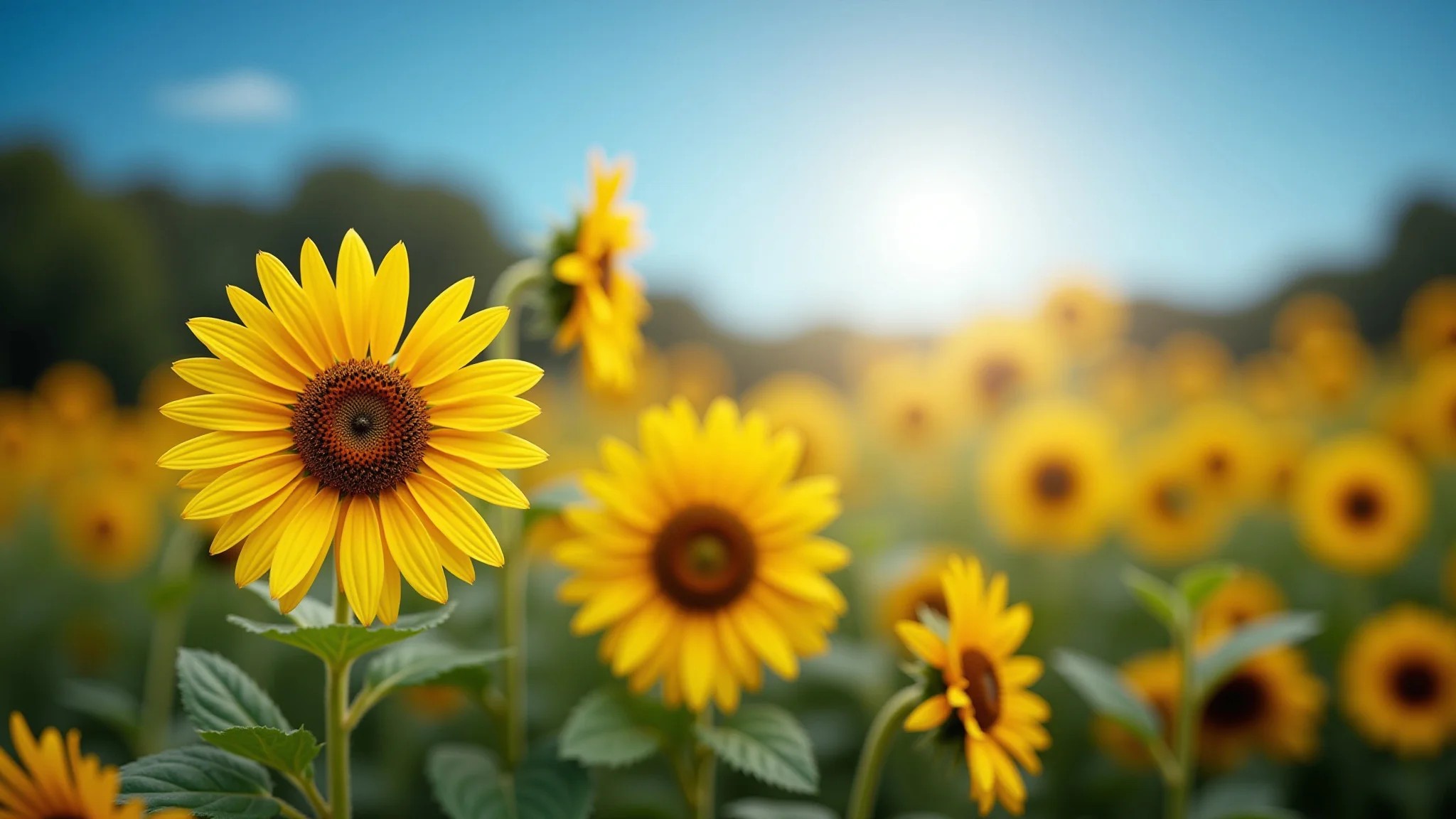 Jardim ensolarado com gazânias e girassóis vibrantes sob o céu azul.