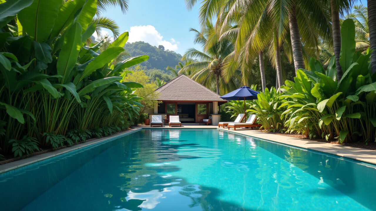 Piscina cercada por palmeiras exuberantes em um jardim tropical.