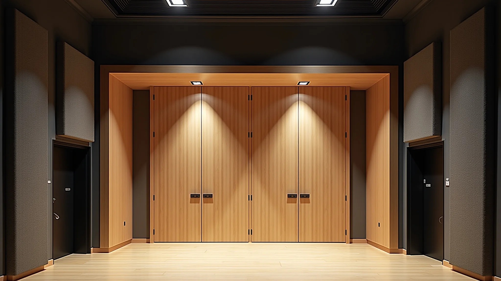 Portas e janelas à prova de som de um teatro, garantindo isolamento acústico.