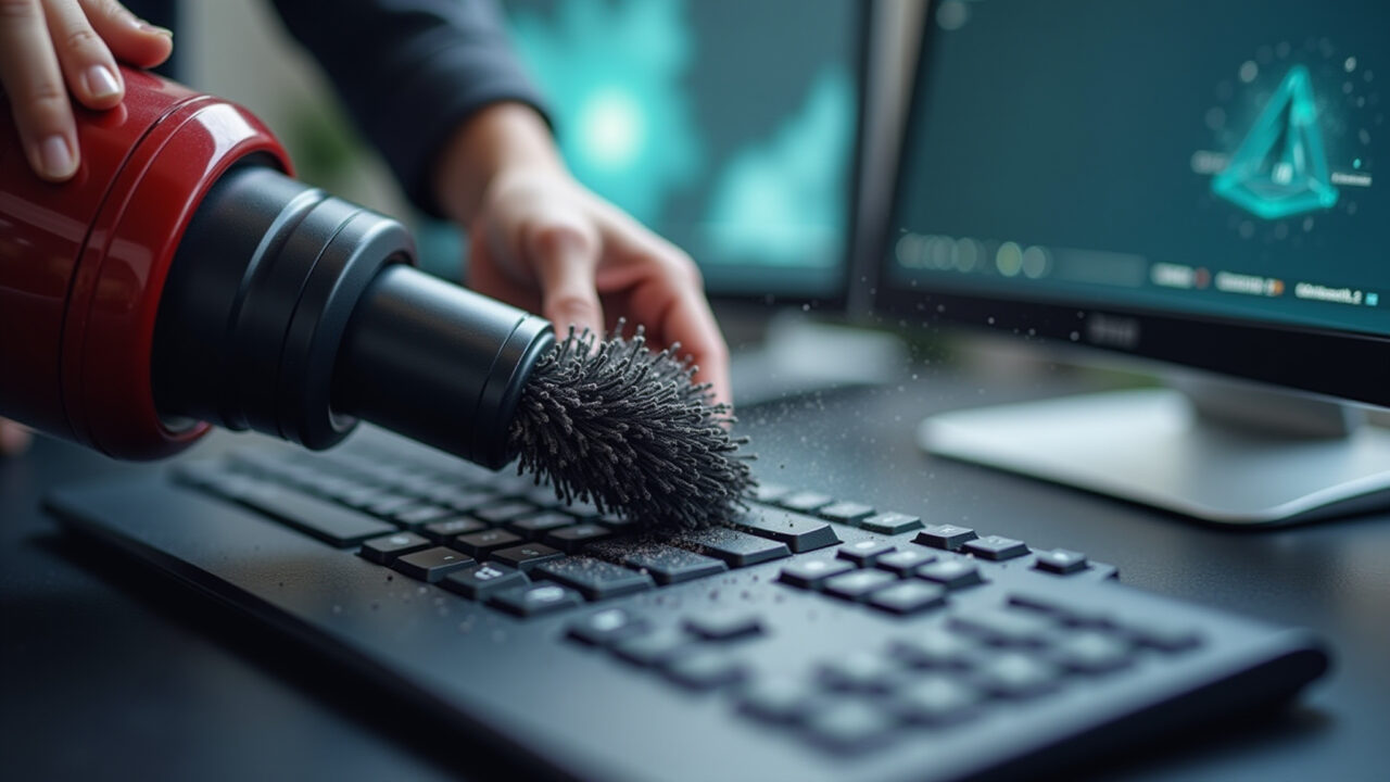 Aspirador de pó com bocal escova limpando teclado de computador.