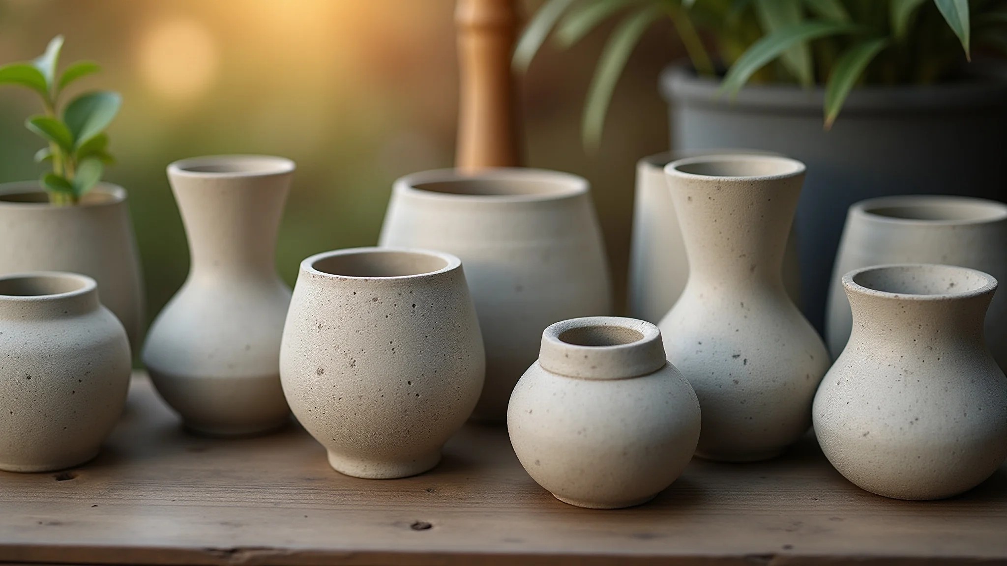Variedade de vasos de cimento com formatos únicos, textura rústica.