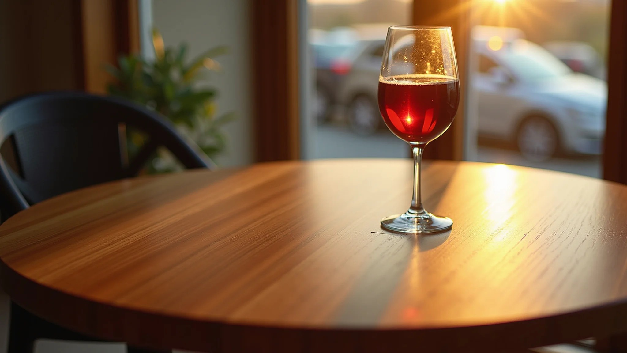 Tampo de mesa de madeira envernizado com copo de vinho, mostrando a camada protetora.
