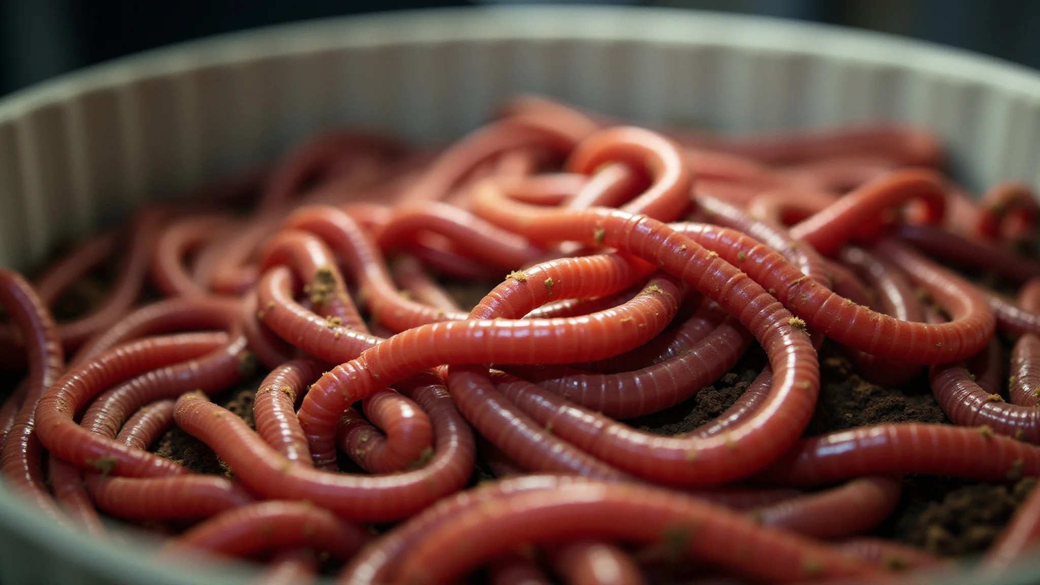 Sistema de vermicompostagem com minhocas californianas em close-up.