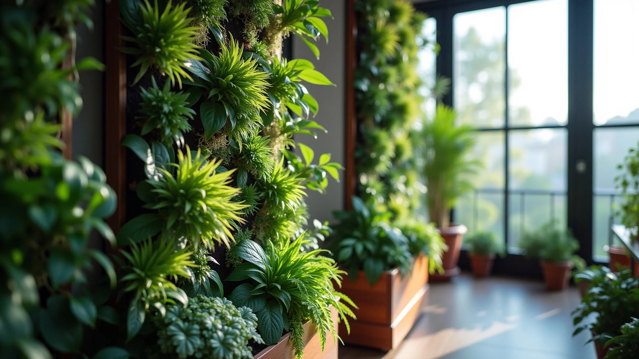 Jardim vertical em uma varanda, plantas diversas e design brasileiro.