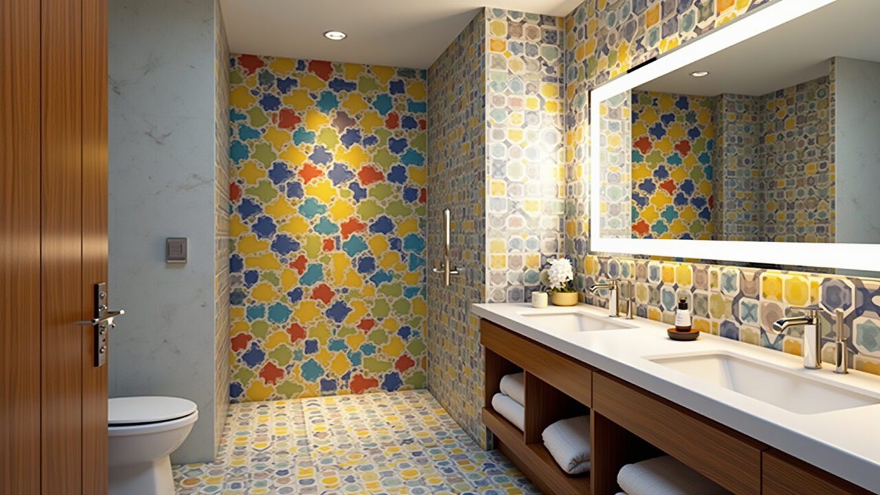 Banheiro com azulejos geométricos coloridos.