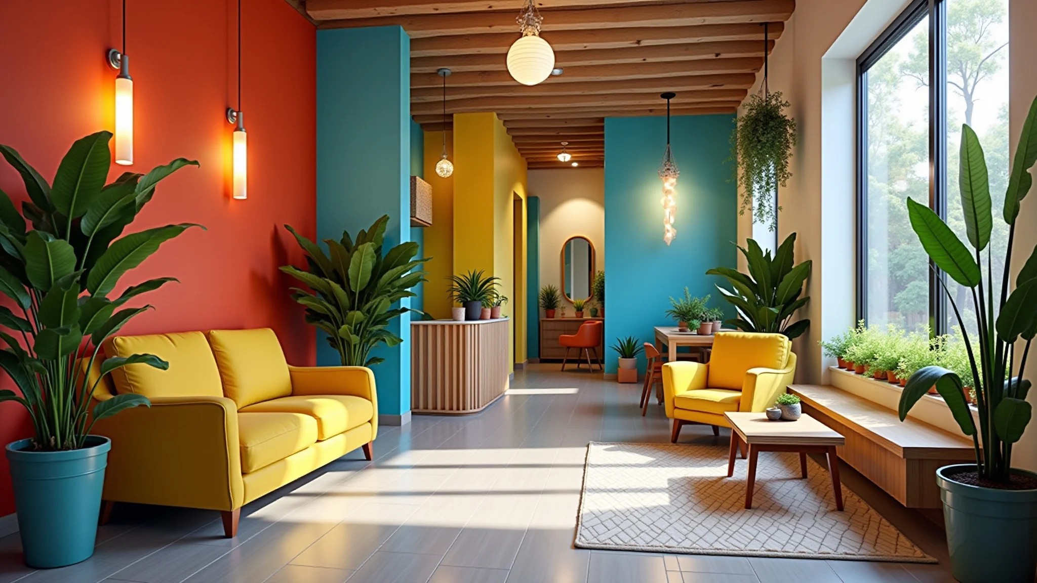 Recepção de salão de beleza vibrante com design brasileiro colorido e plantas exuberantes.