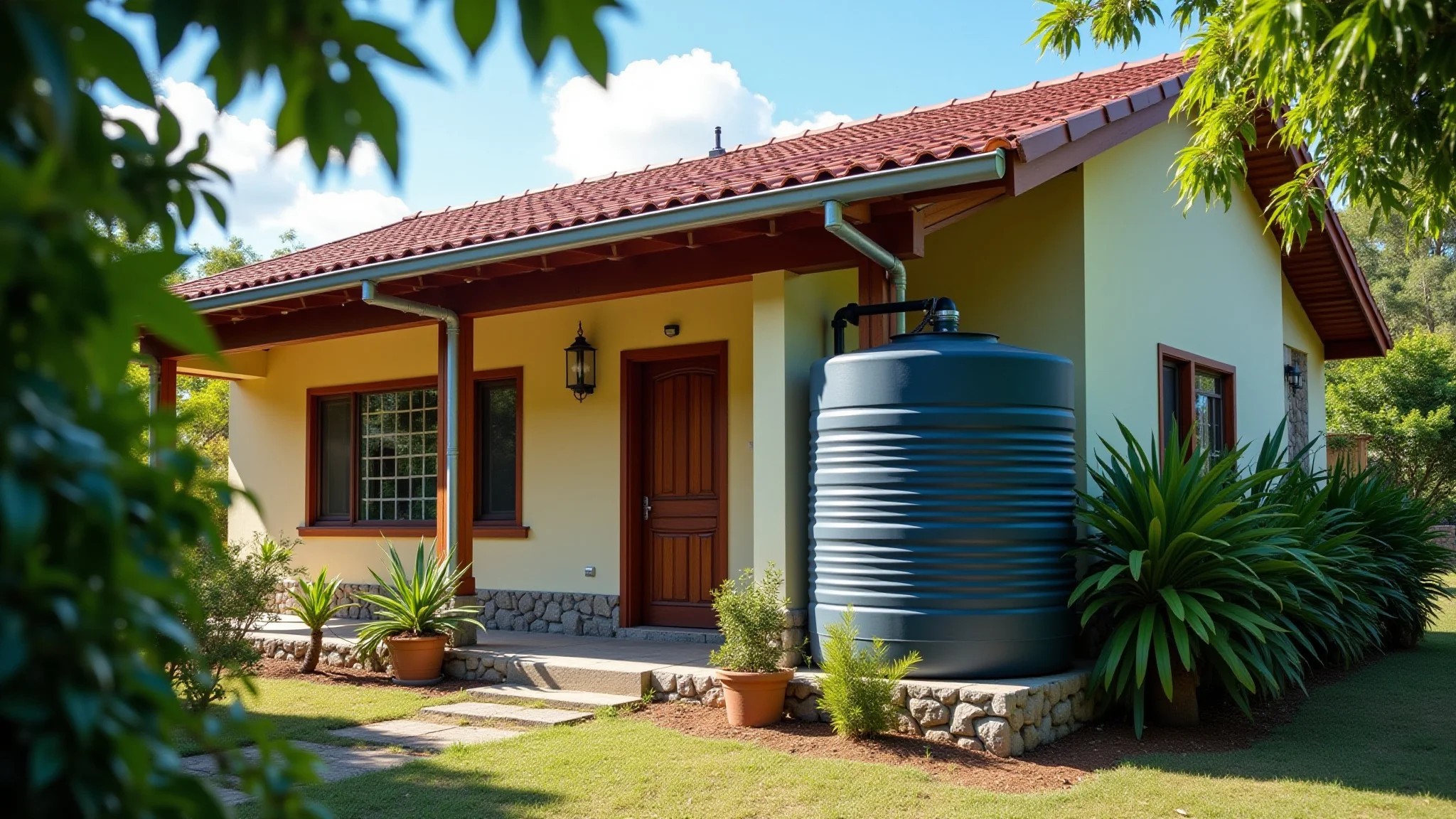 Casa brasileira com sistema de captação de água da chuva instalado e jardim exuberante.