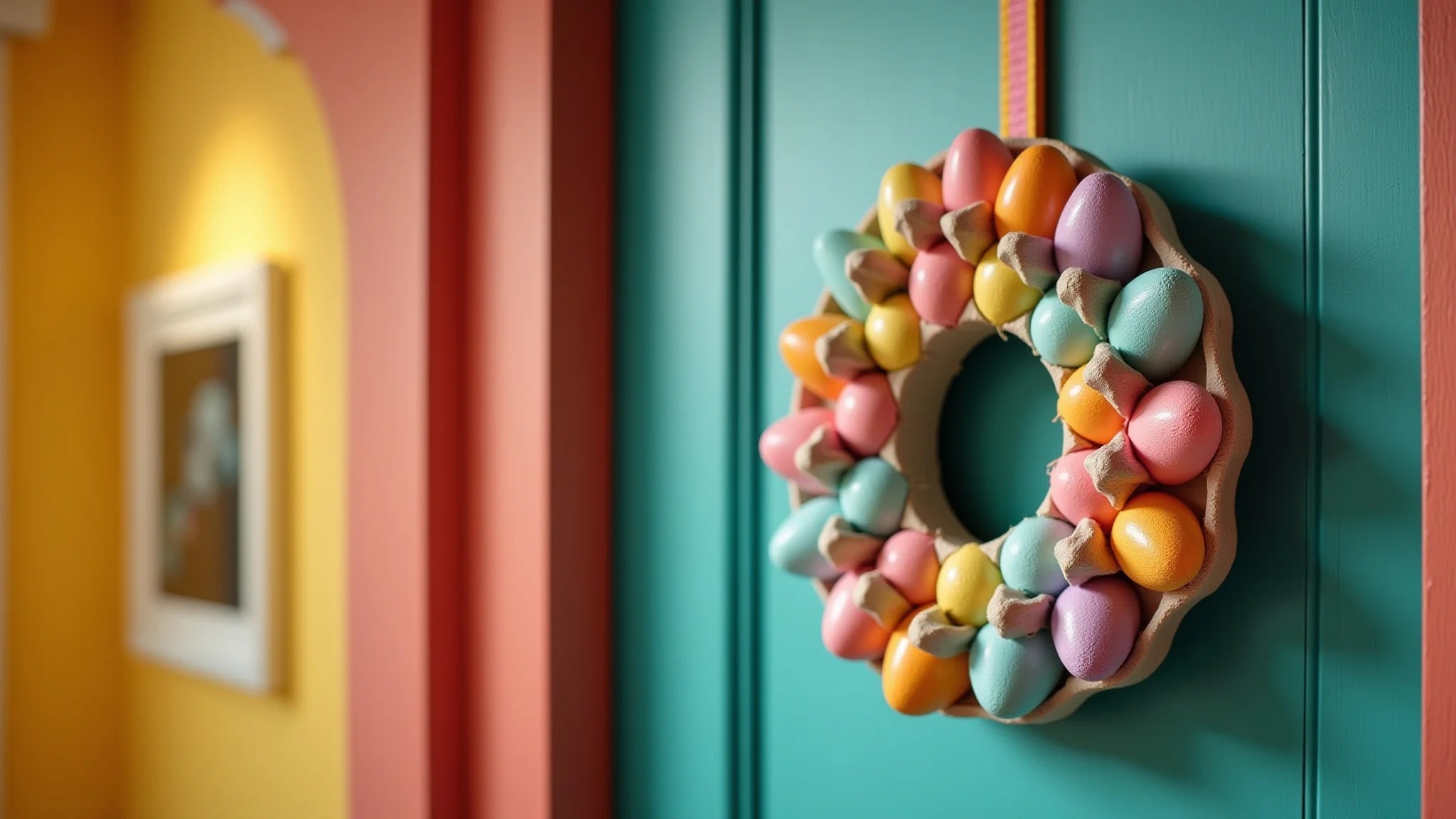 Guirlanda festiva feita de caixas de ovo decorando uma porta de entrada.