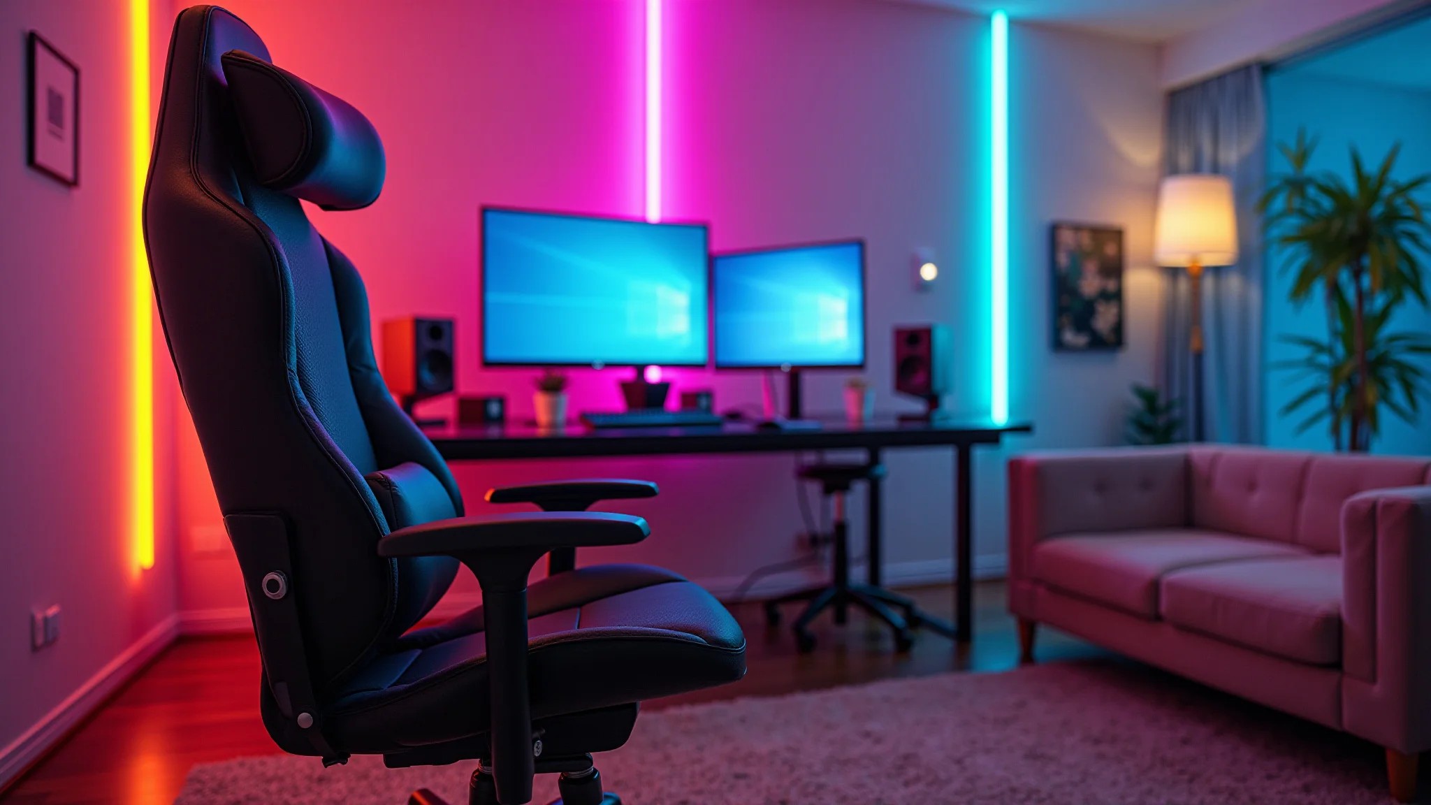 Sala de jogos vibrante com cadeira gamer ergonômica, mesa grande, luzes neon e sofá confortável.