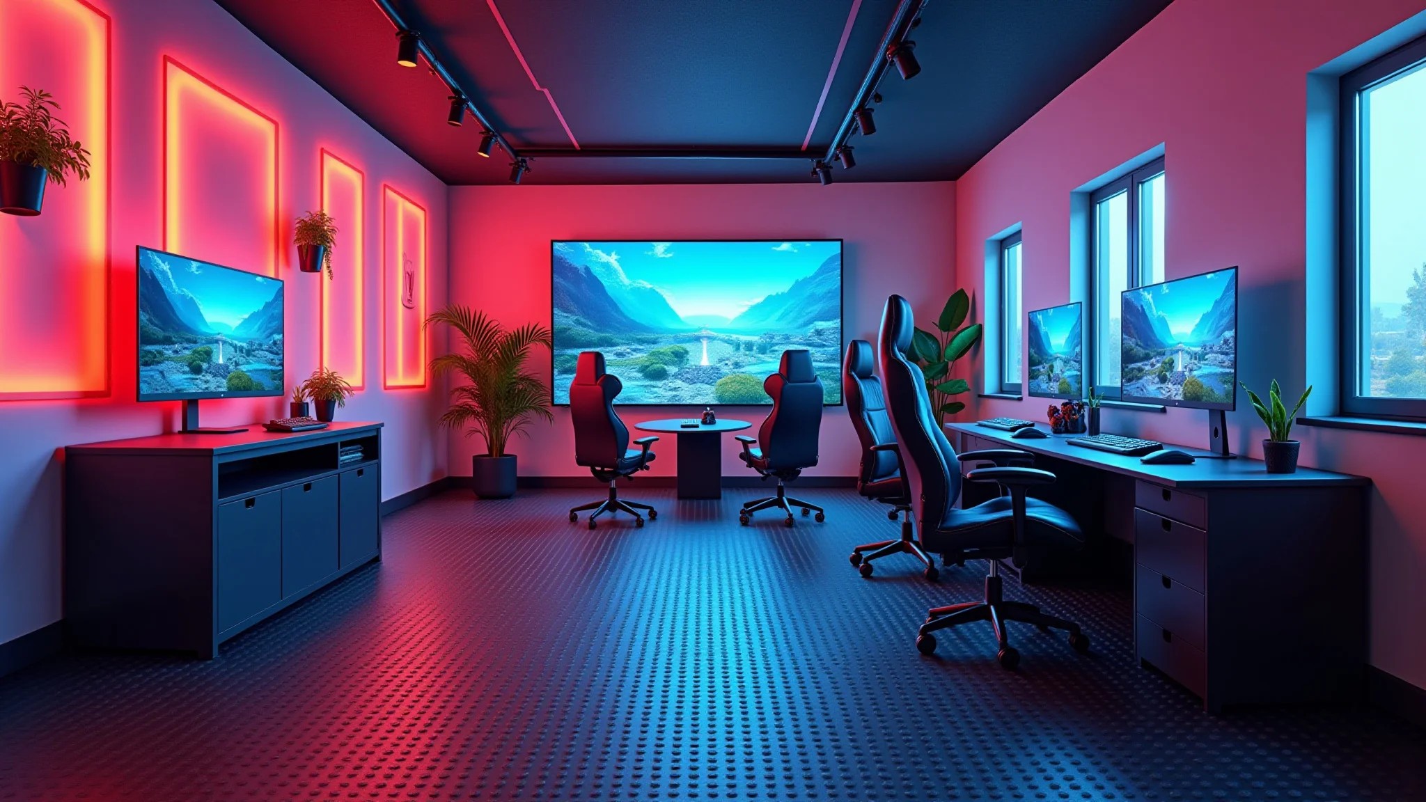 Quarto gamer vibrante com piso de borracha, recursos de segurança e assentos confortáveis.