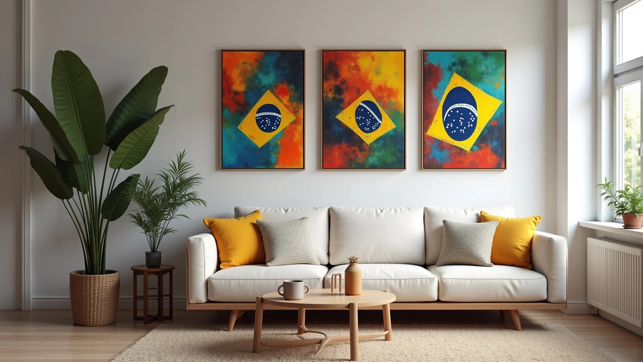 Sala de estar vibrante com quadros coloridos de arte brasileira na parede.