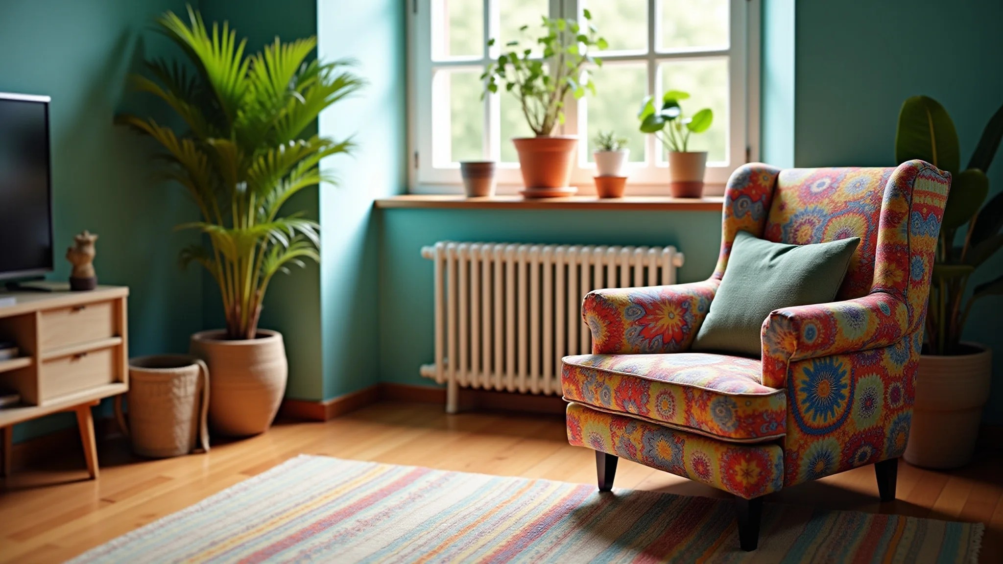 Sala de estar vibrante com poltrona decorativa estilosa, design brasileiro e iluminação natural.