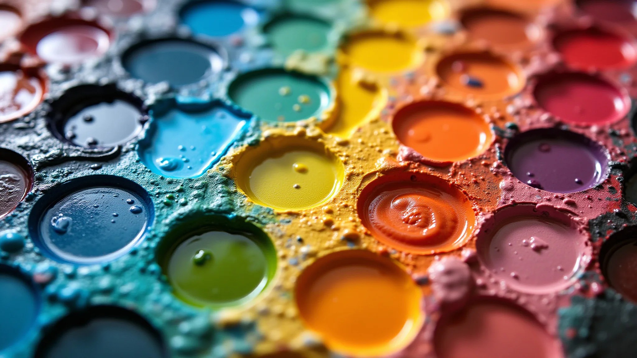 Paleta de cores vibrantes com tintas acrílicas misturadas.