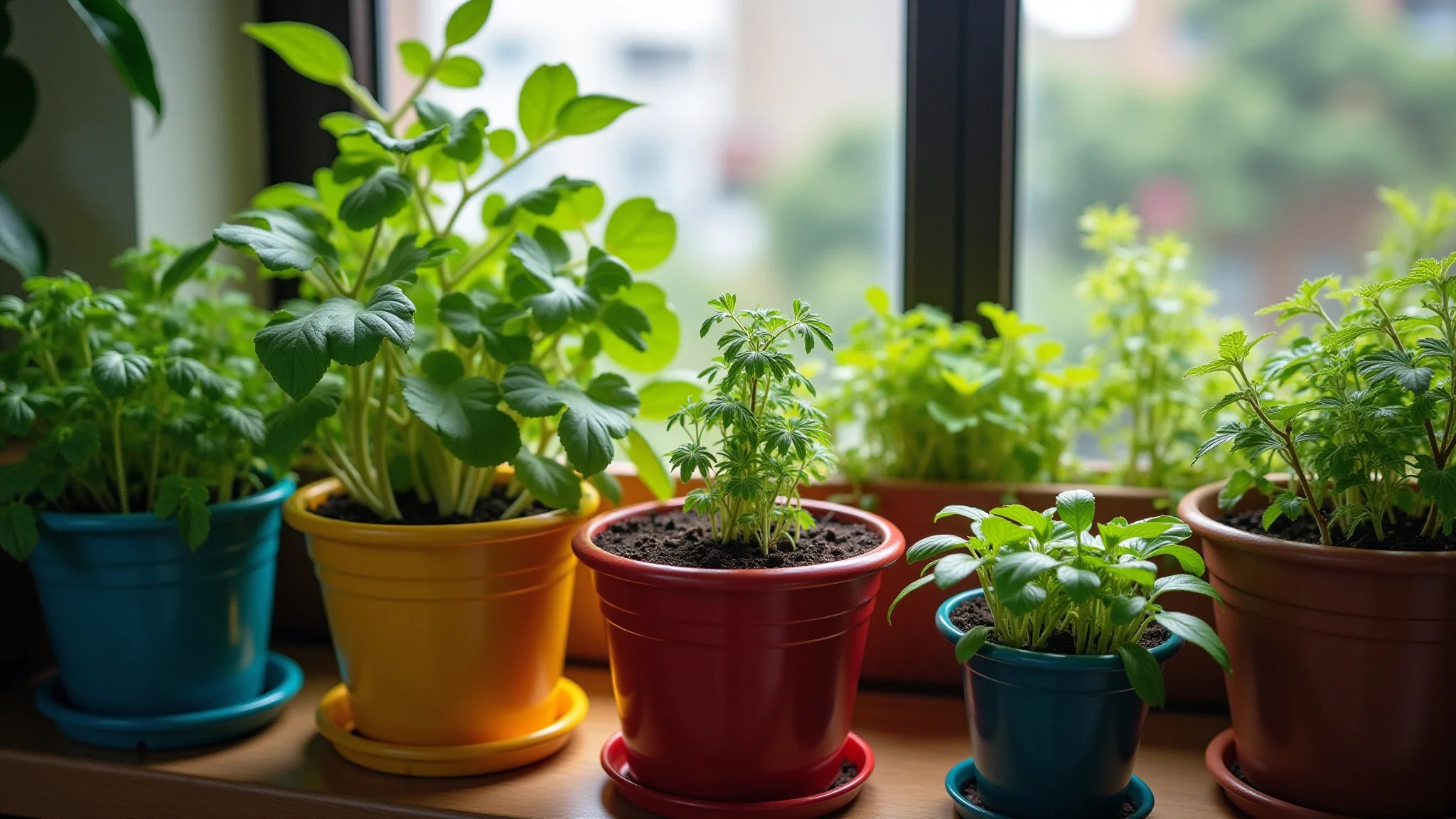 Horta urbana vibrante em varanda brasileira, repleta de ervas e vegetais em vasos coloridos.
