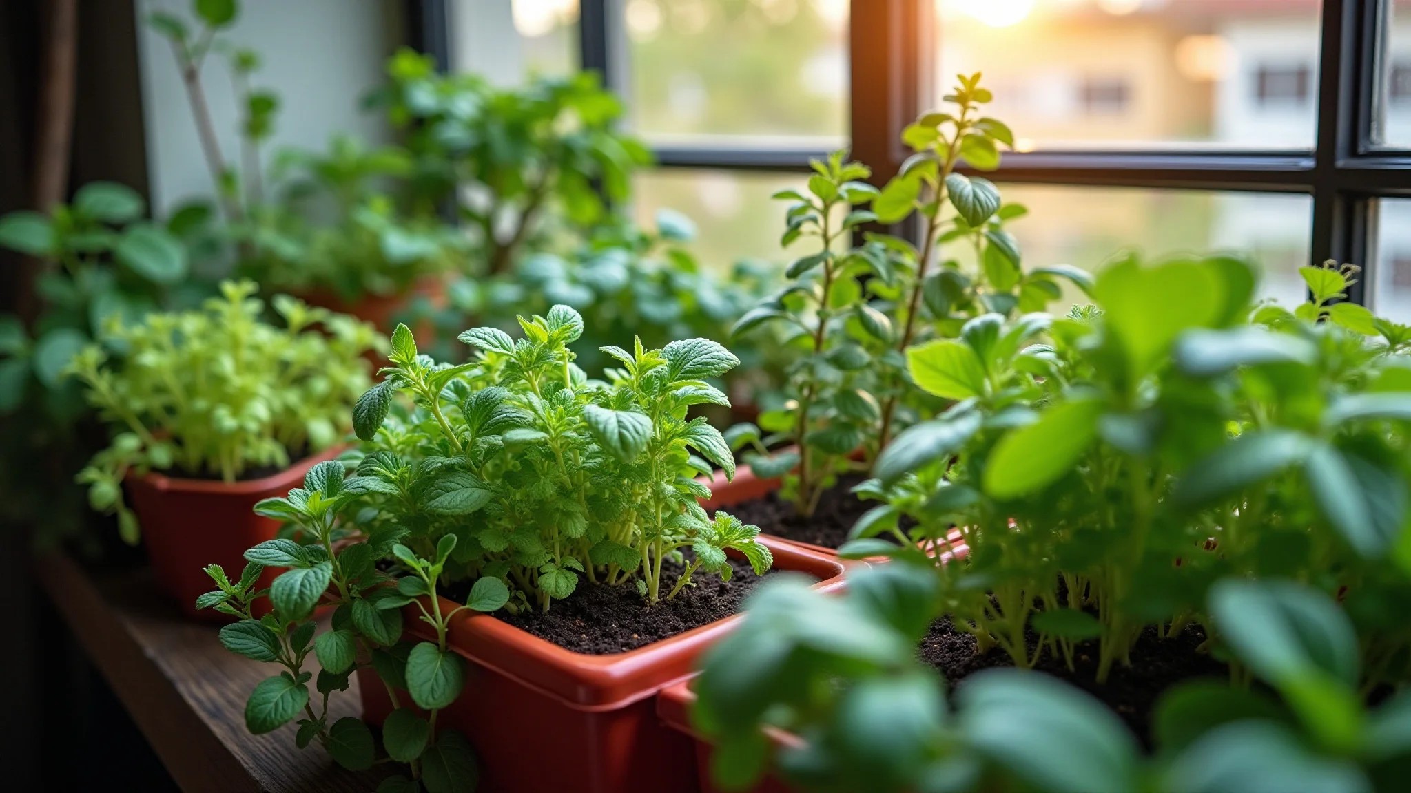 Horta vibrante em varanda de apartamento no Brasil, repleta de ervas e vegetais.