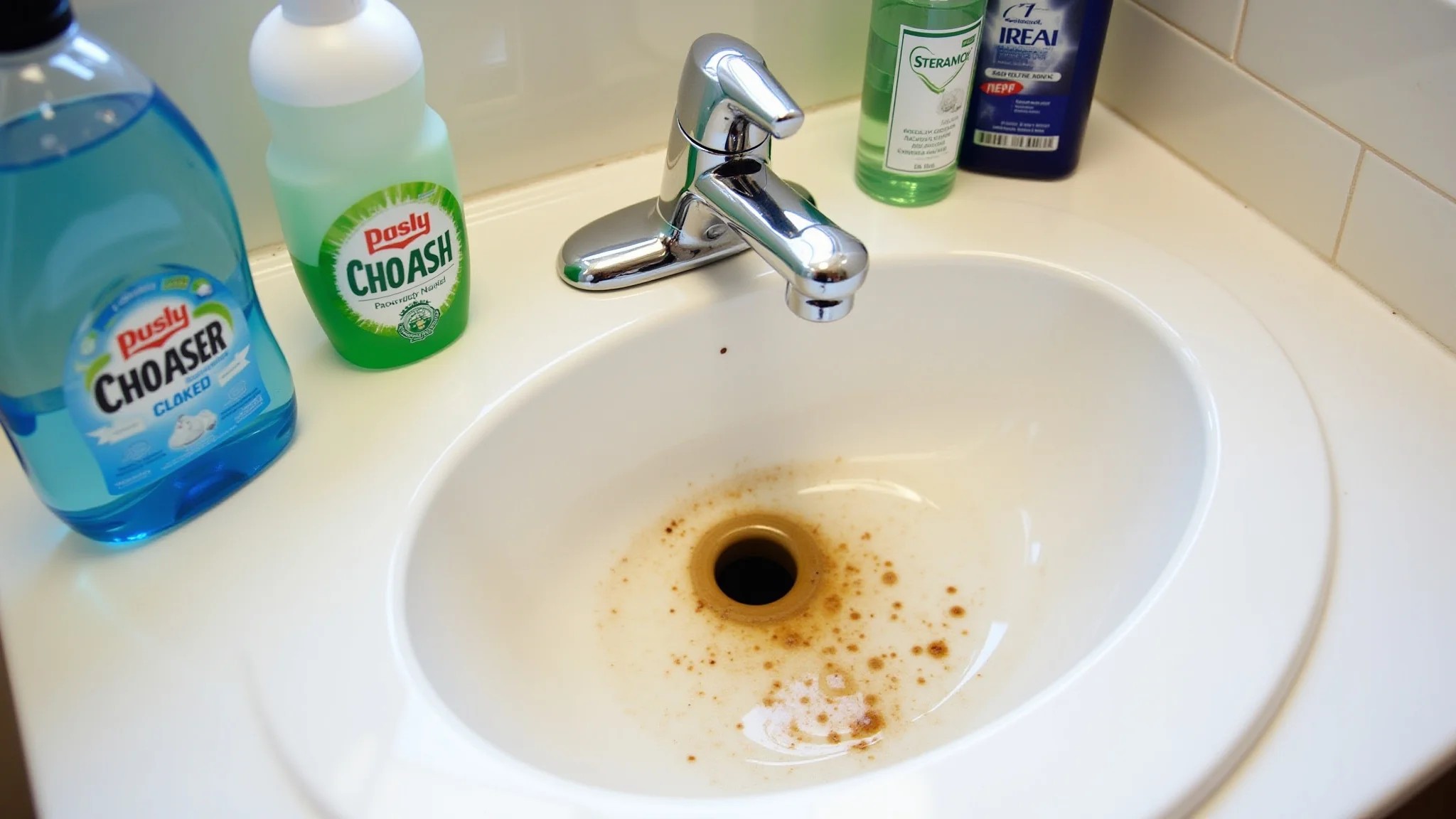 Pia de banheiro visivelmente suja com manchas de calcário, cercada por produtos de limpeza.