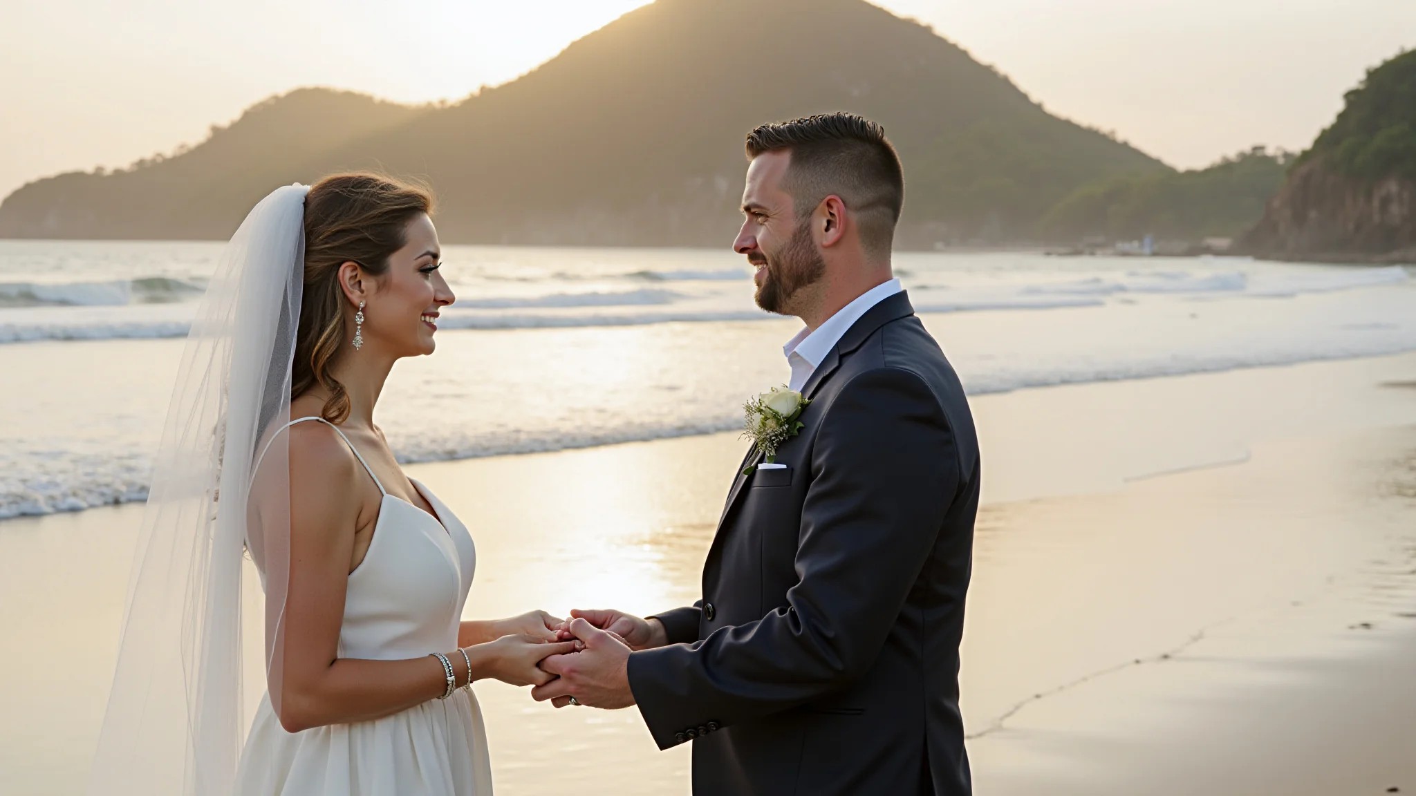 Casamento na praia em Fernando de Noronha com o Morro do Pico ao fundo.