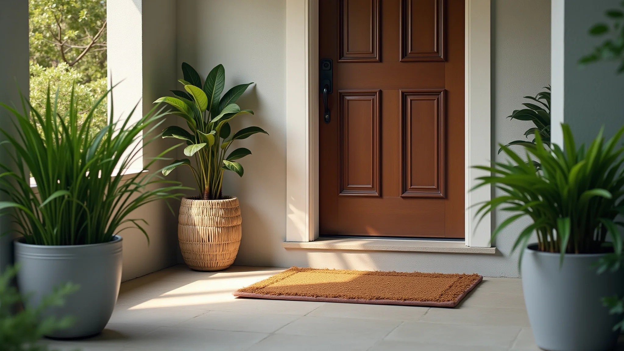 Entrada acolhedora com tapete limpo, plantas saudáveis e iluminação suave, seguindo o Feng Shui.