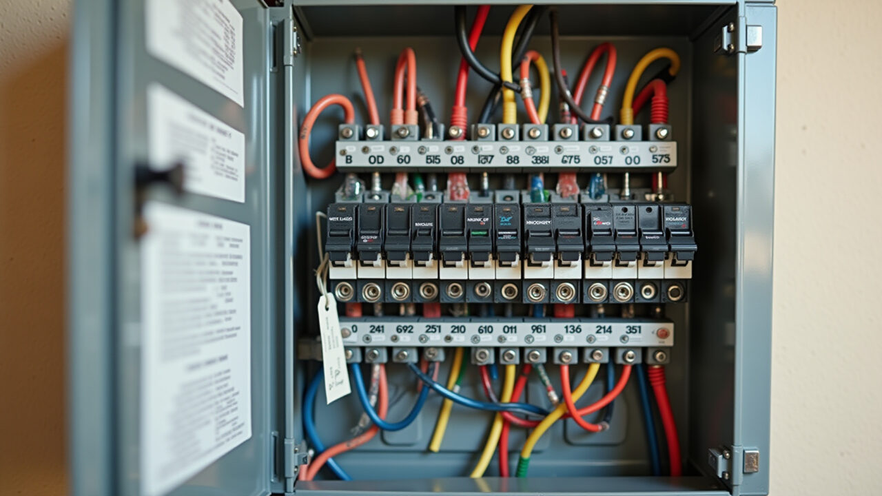 Caixa de distribuição elétrica organizada com fios identificados.