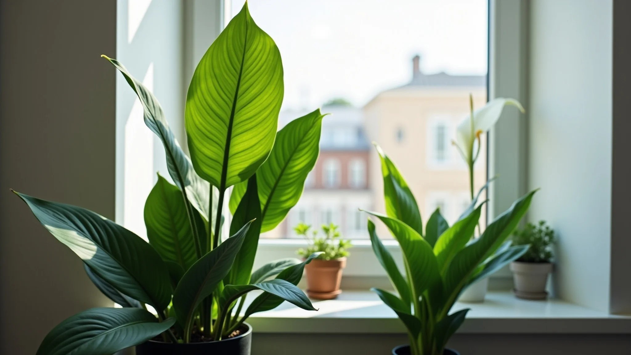 Canto de apartamento bem iluminado com espada-de-são-jorge e lírio-da-paz, plantas ideais para ambientes com pouca luz.