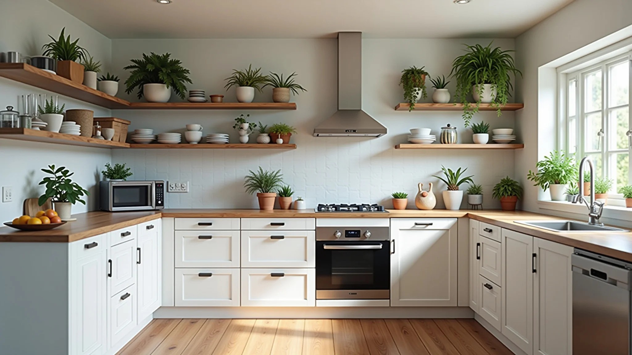 Cozinha americana bem organizada com armários modulares e prateleiras abertas.