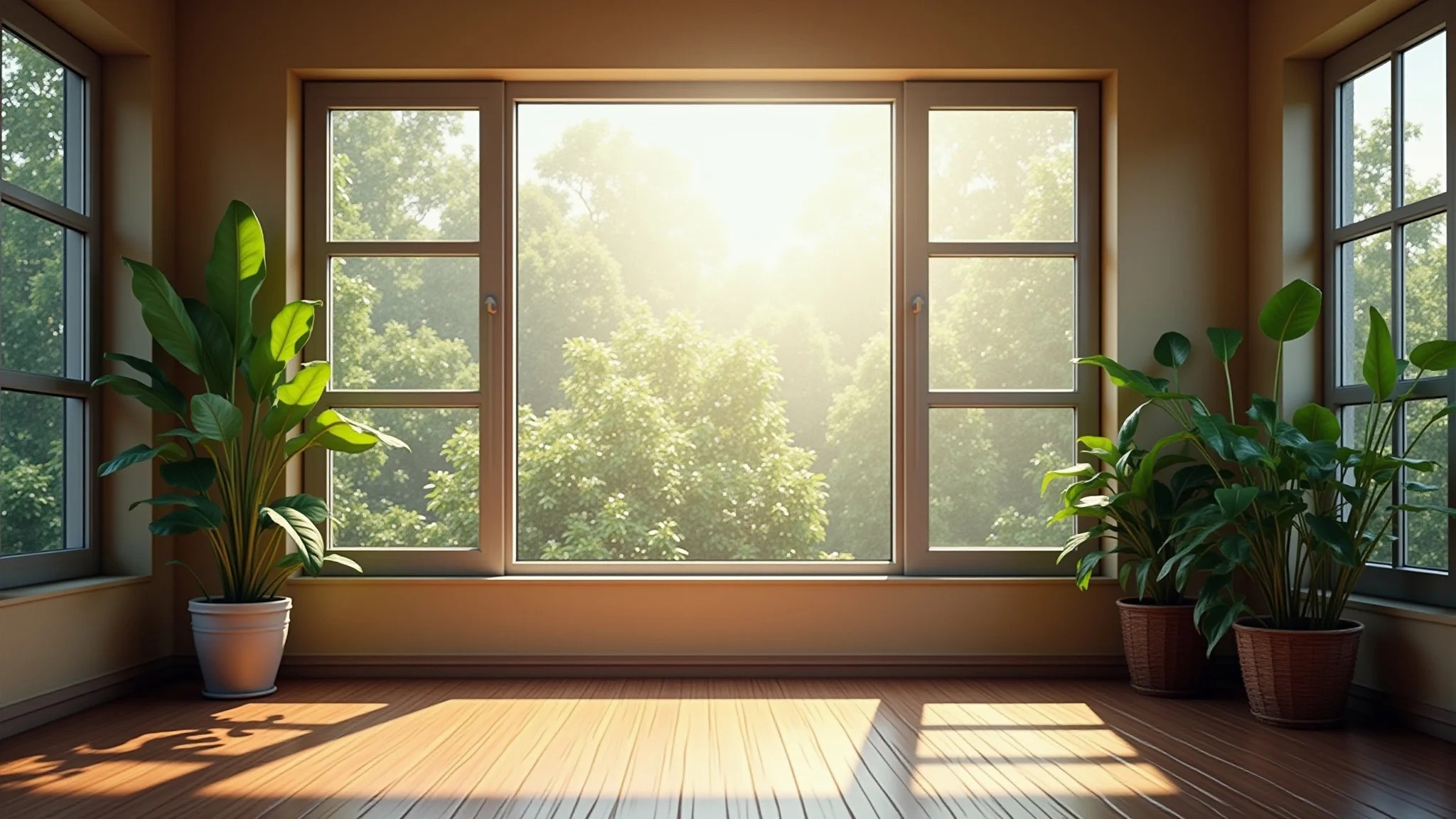 Quarto brasileiro bem ventilado com janelas abertas e plantas.