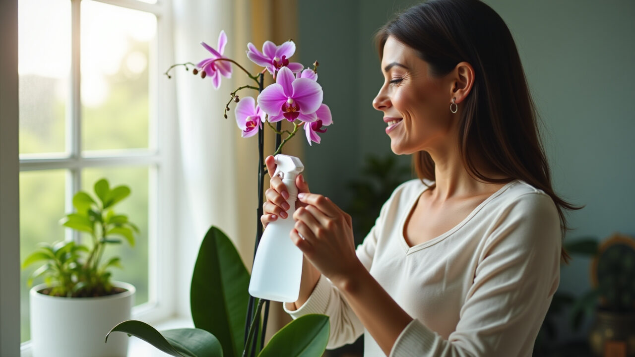 Mulher borrifando água em folhas de orquídea em casa.