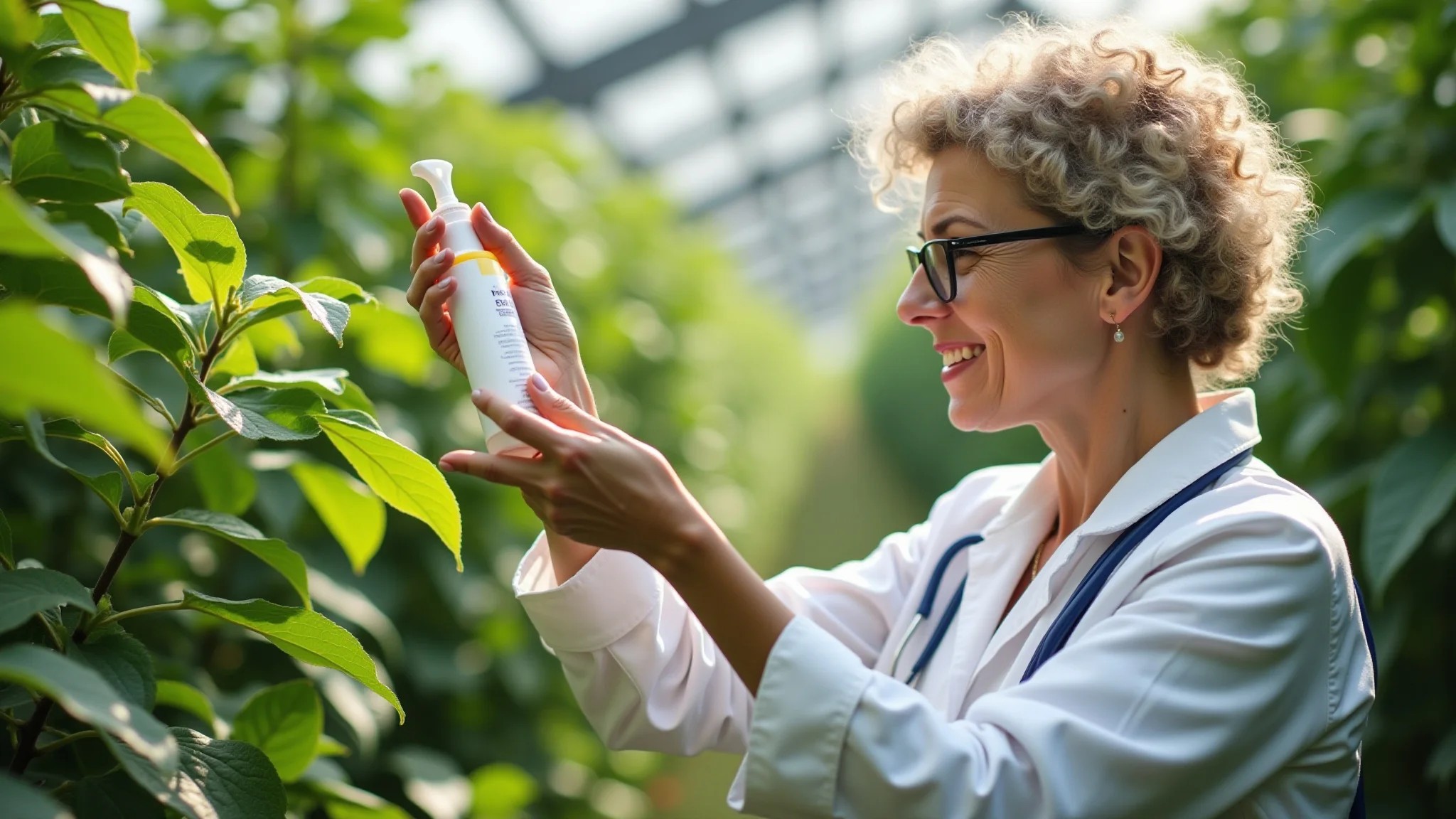 Mulher inspecionando planta após aplicação de inseticida caseiro de bicarbonato.