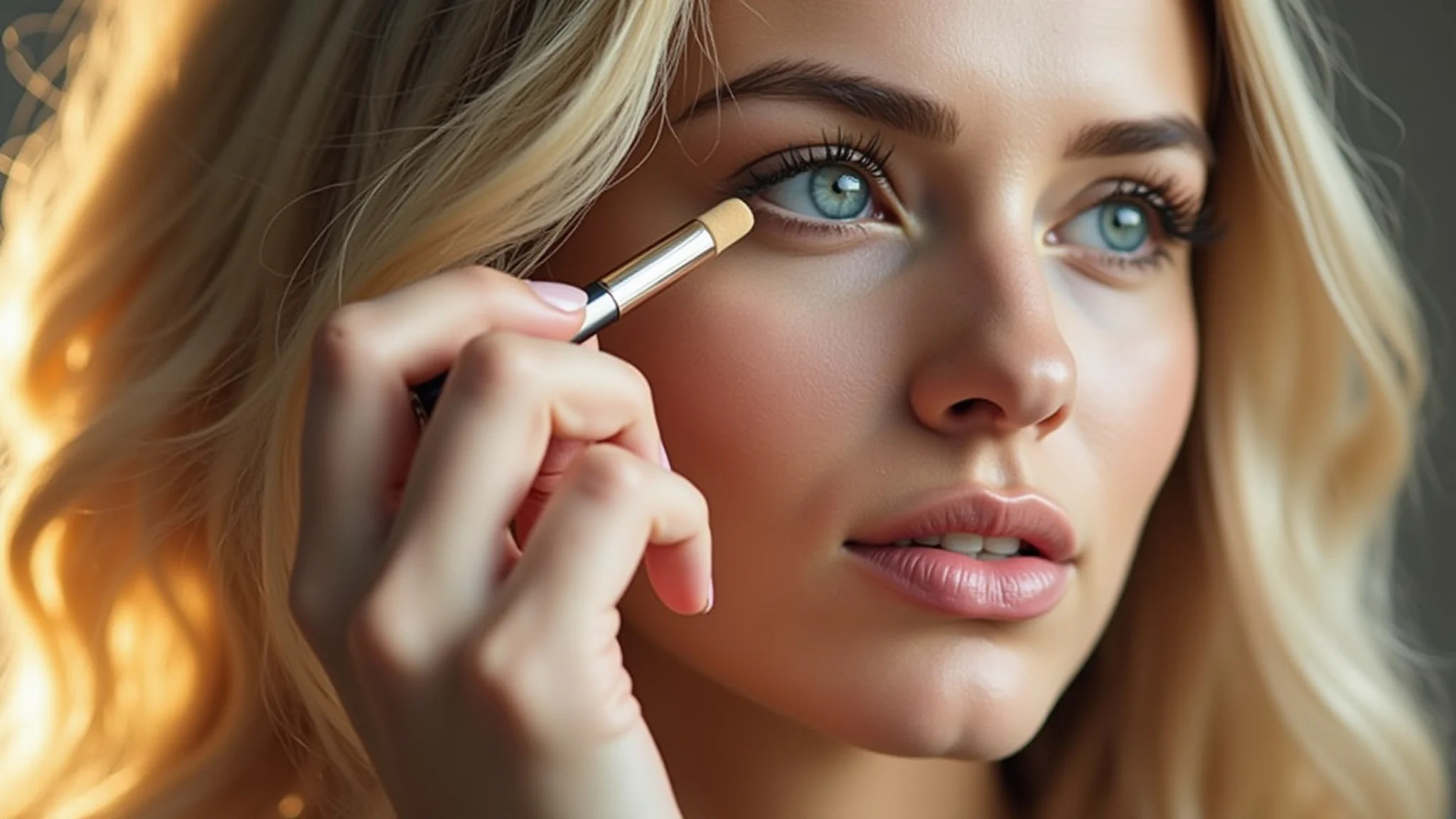 Mulher aplicando corretivo no canto interno dos olhos para iluminar o olhar.