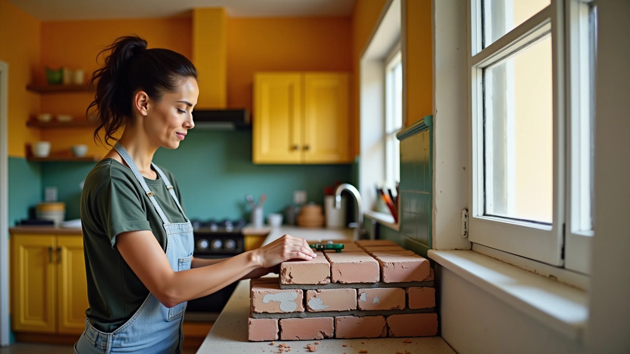 Mulher construindo parede de tijolos em cozinha brasileira vibrante e bem iluminada.
