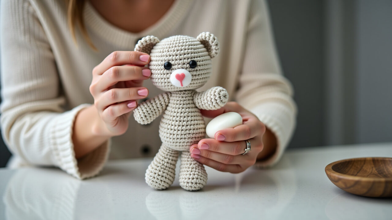 Testando sabão em área escondida de amigurumi após lavagem.