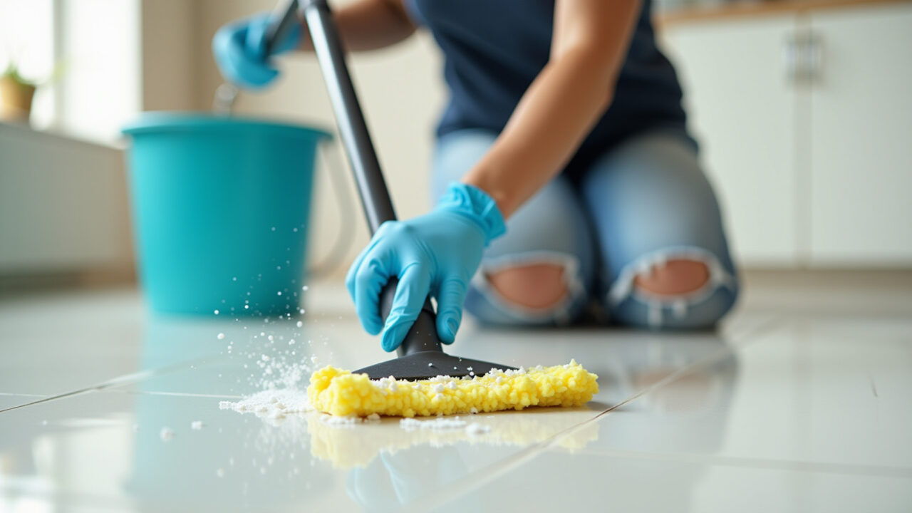 Limpeza de piso cerâmico pintado com detergente neutro.