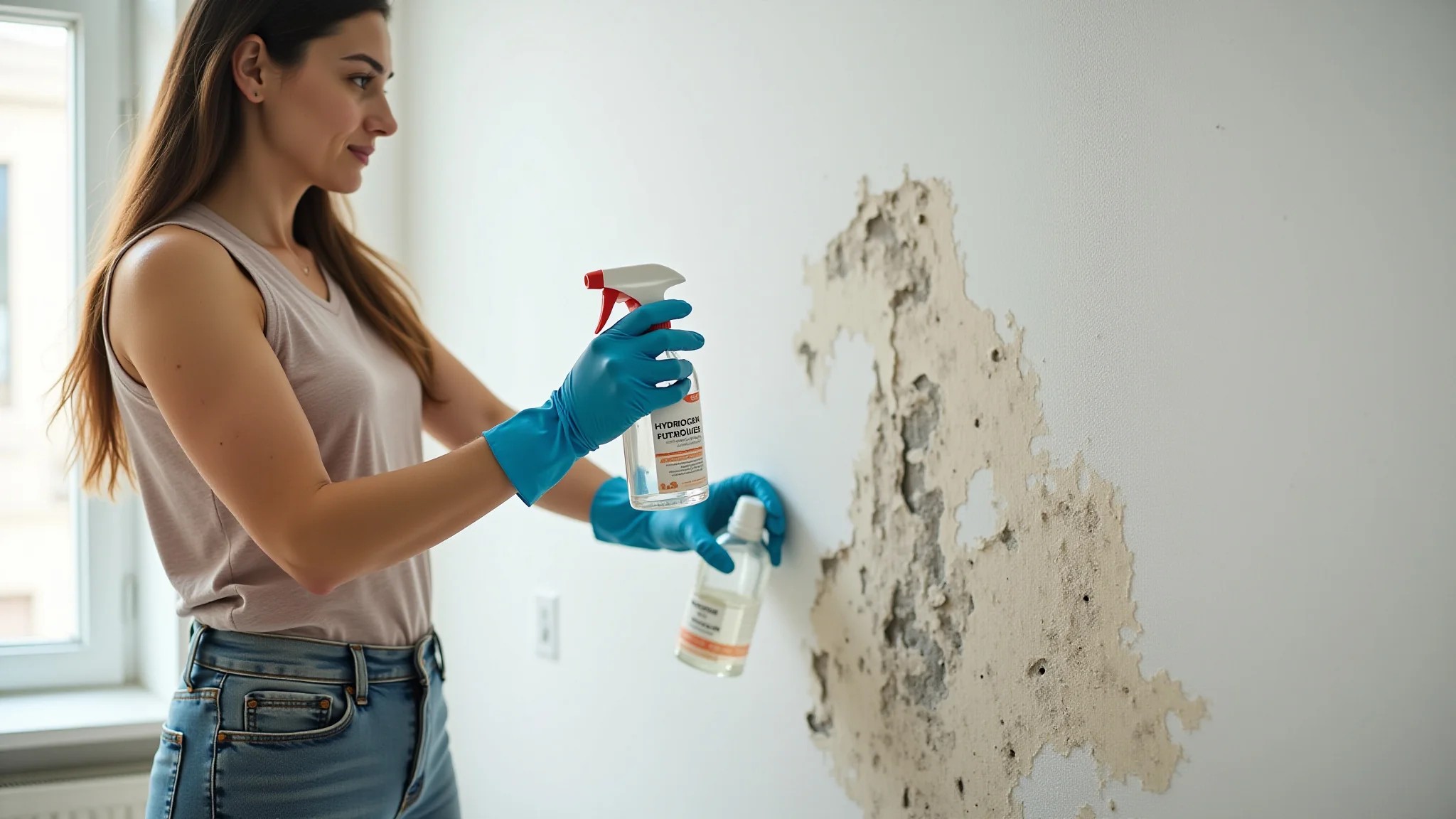 Mulher limpando mofo com água oxigenada, usando luvas de proteção.