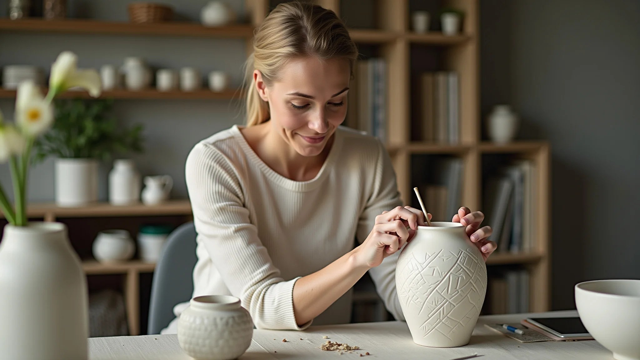 Mulher criando vaso decorativo de gesso em casa, com iluminação natural e decoração brasileira.